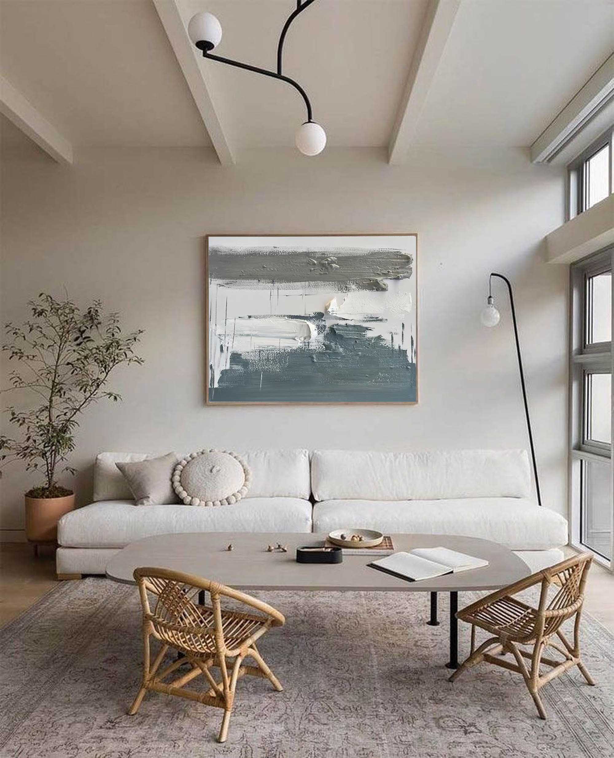 Slate‑Grey‑White Horizontal Layer‑Brush Impasto‑Textured Artwork