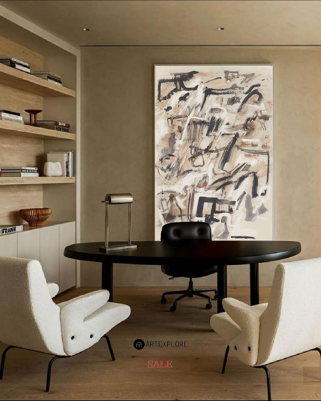 Warm Beige Black Brushstroke Abstract Canvas Art