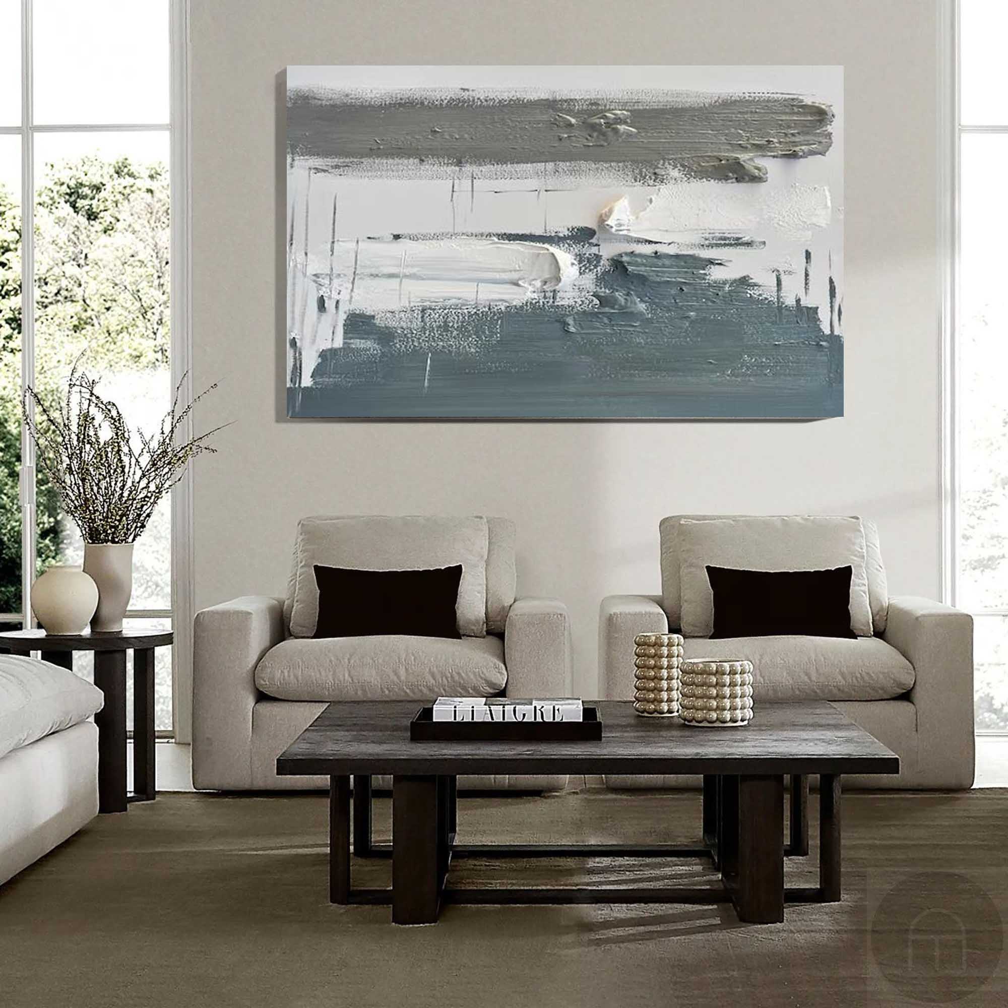 Slate‑Grey‑White Horizontal Layer‑Brush Impasto‑Textured Artwork