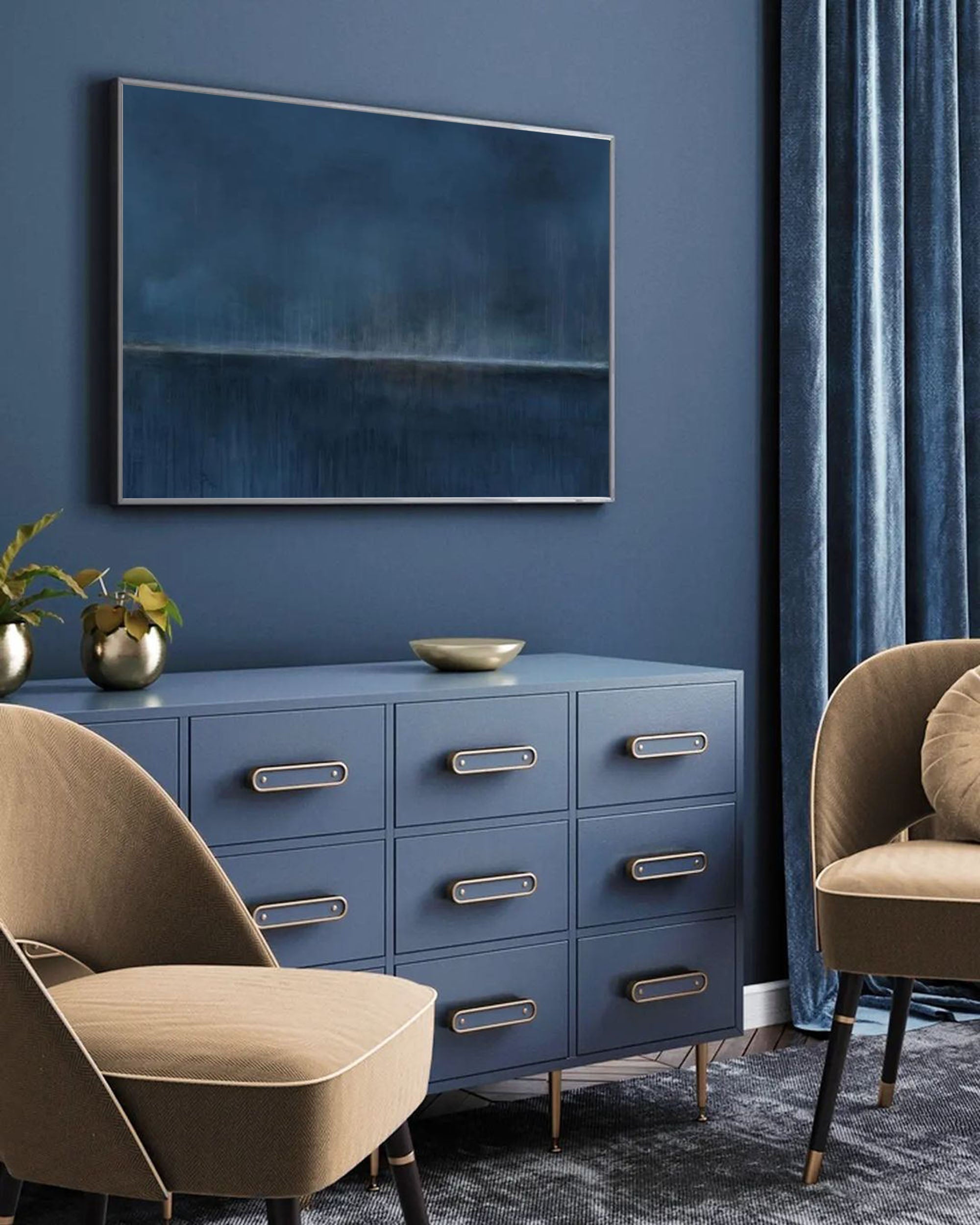 Wall Art Dark Blue Horizon Seascape Minimalist Textured Canvas Living Room | Neutralighting