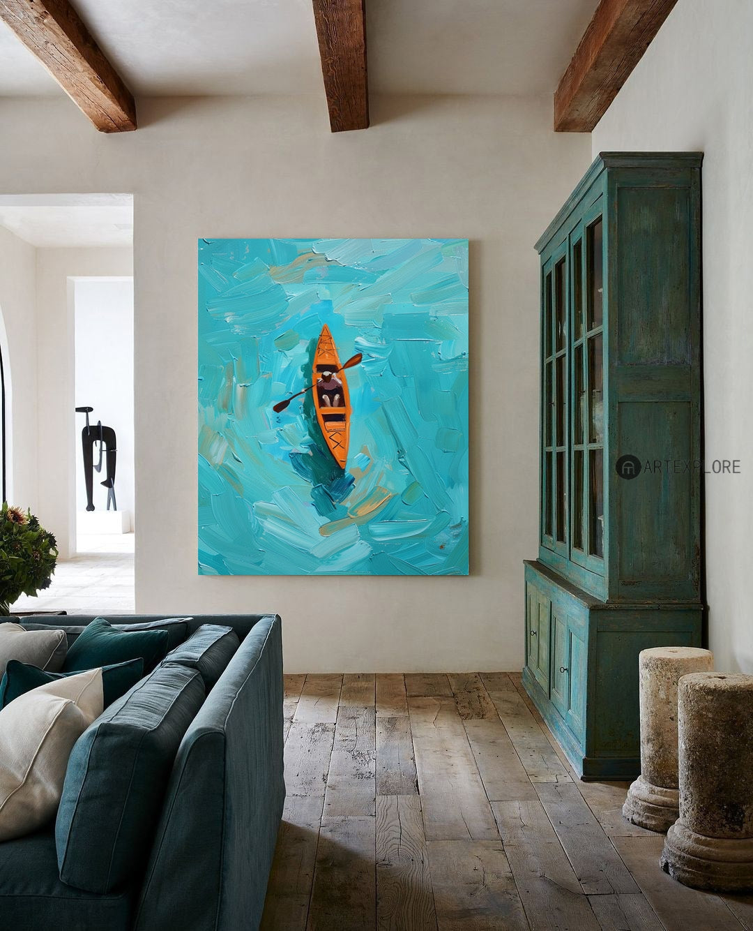 Turquoise Kayak Adventure Abstract Painting