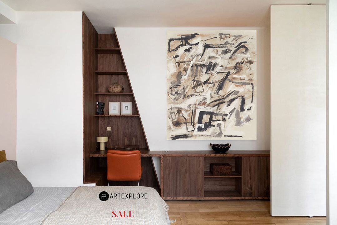 Warm Beige Black Brushstroke Abstract Canvas Art
