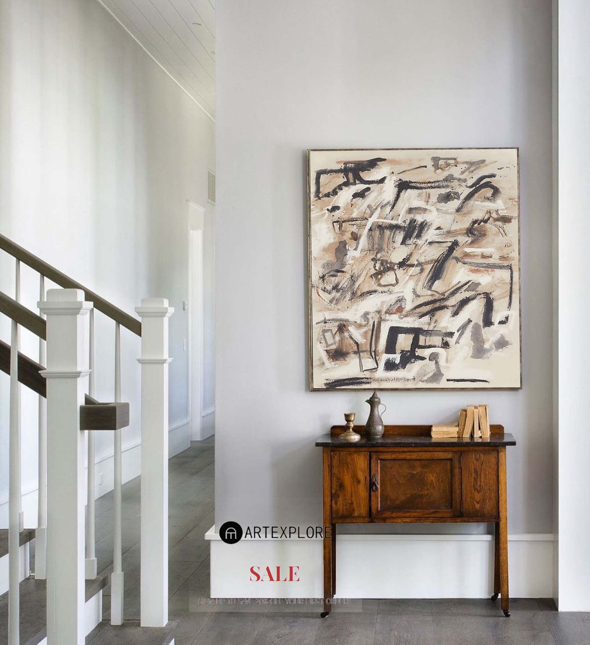 Warm Beige Black Brushstroke Abstract Canvas Art