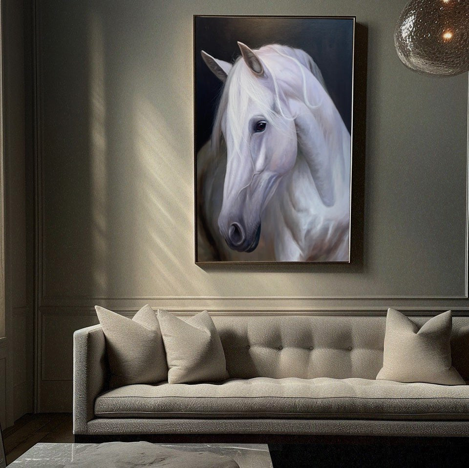 White Horse Portrait Oil Painting Wall Art