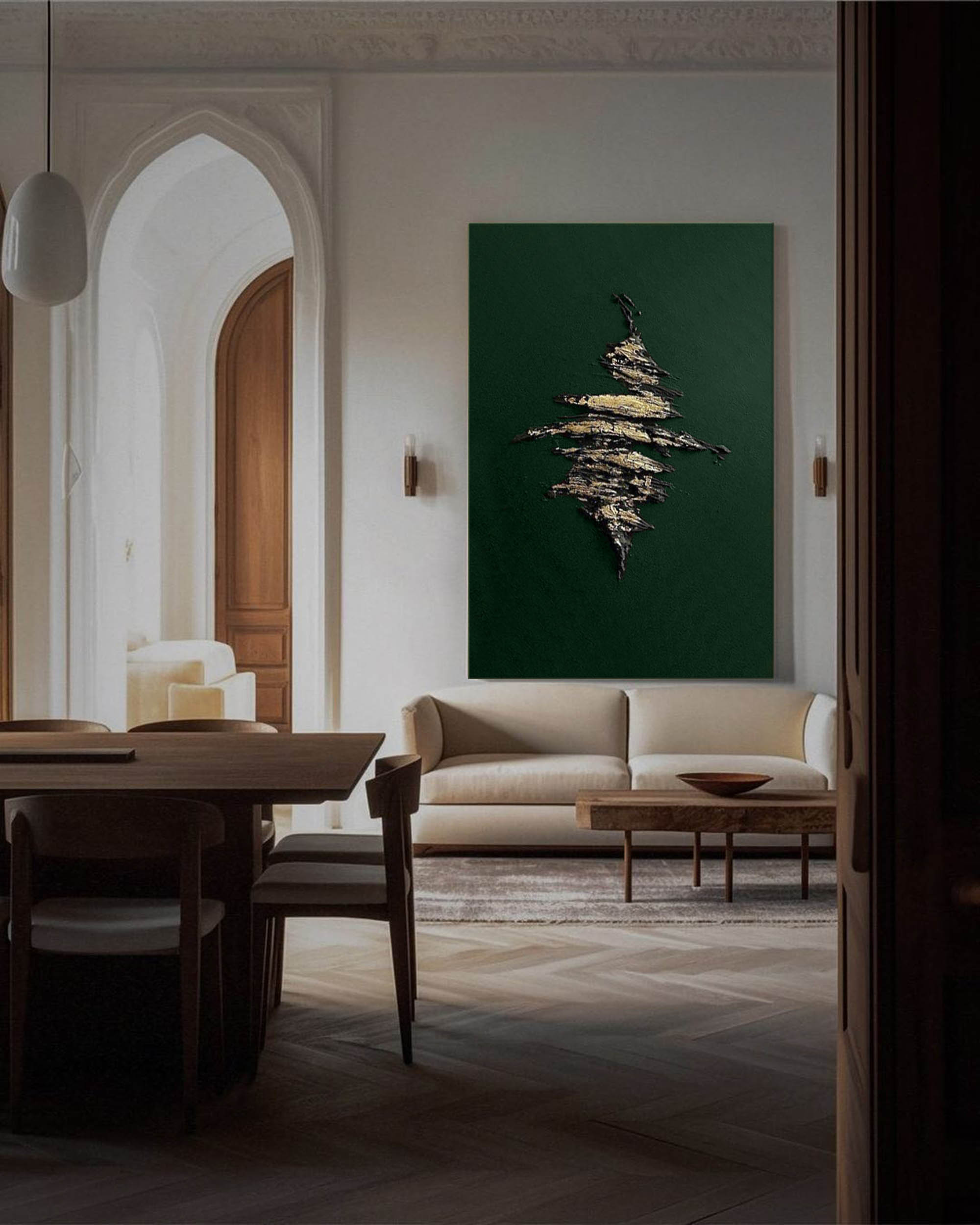 Dark Green Metallic‑Gold Accent Abstract  Heavy Raised‑Texture Artwork