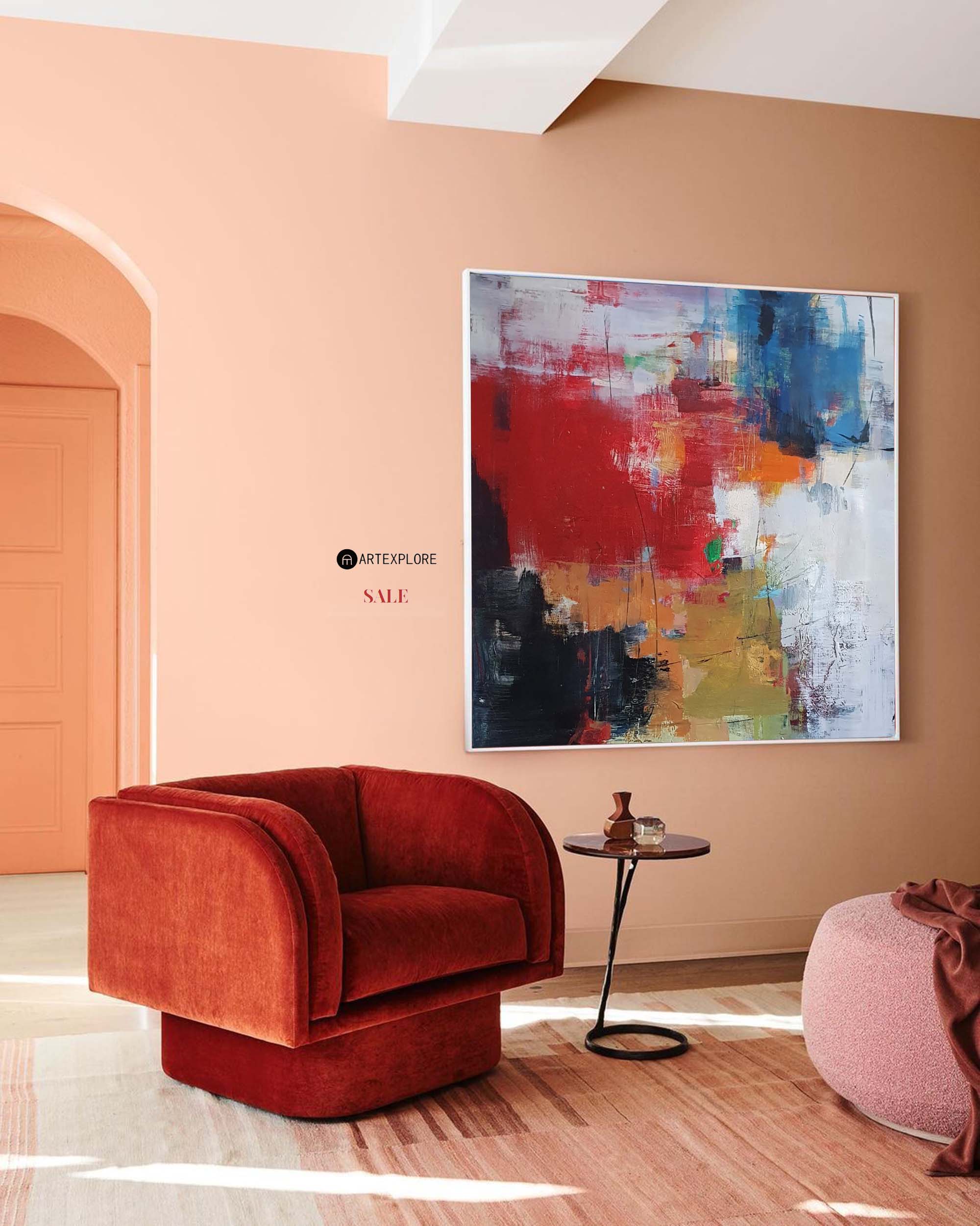 Red Blue Abstract Square Canvas Wall Art