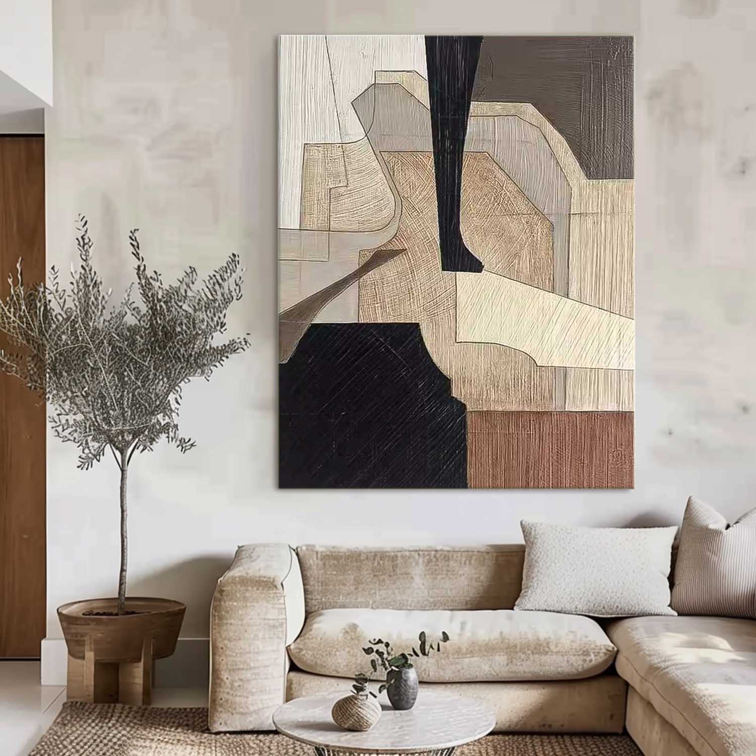 Beige Black Geometric Abstract Painting