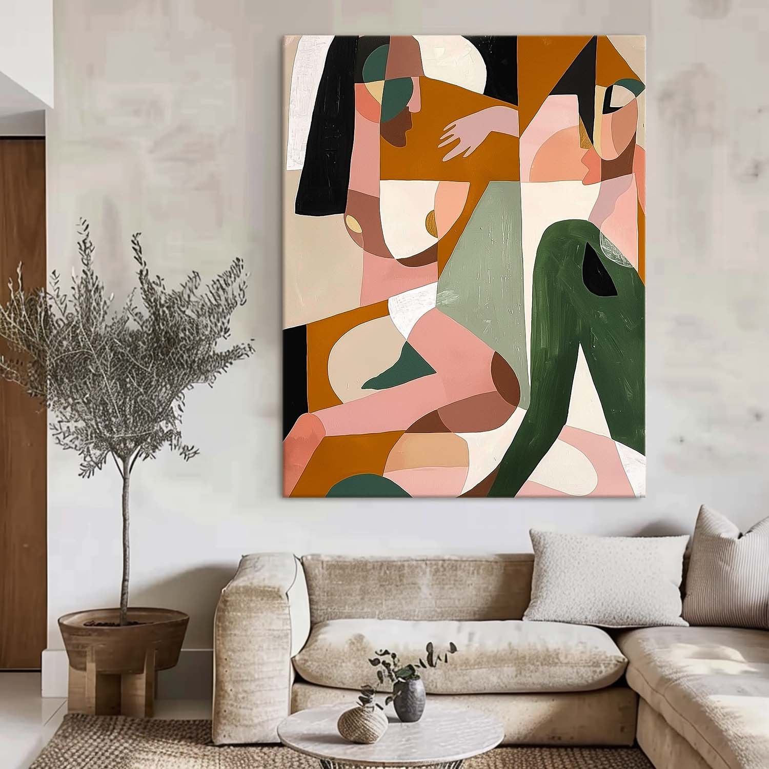 Warm Earth‑Tone Cubist Abstract Canvas Wall Art