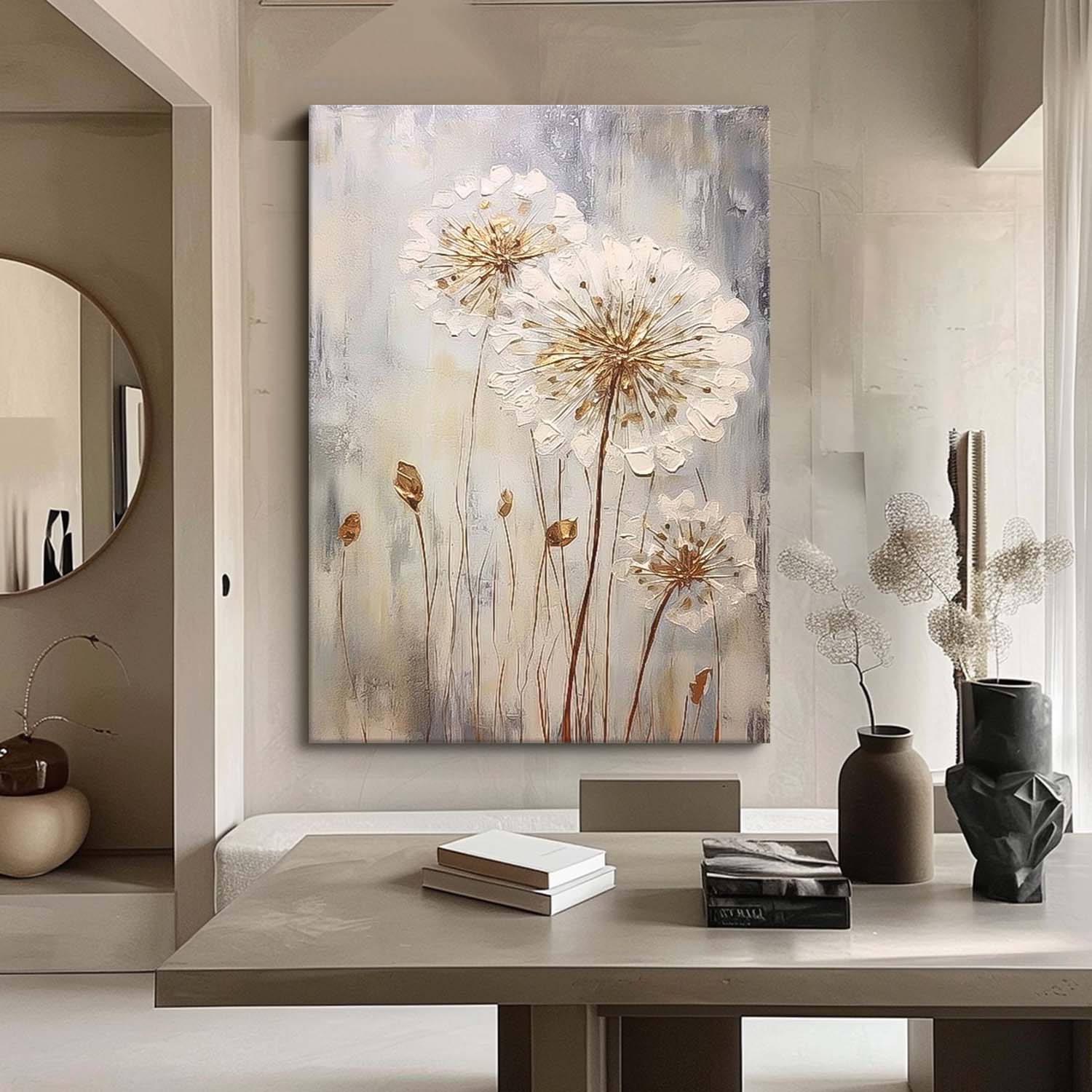Wall Art Impasto White Golden Dandelion