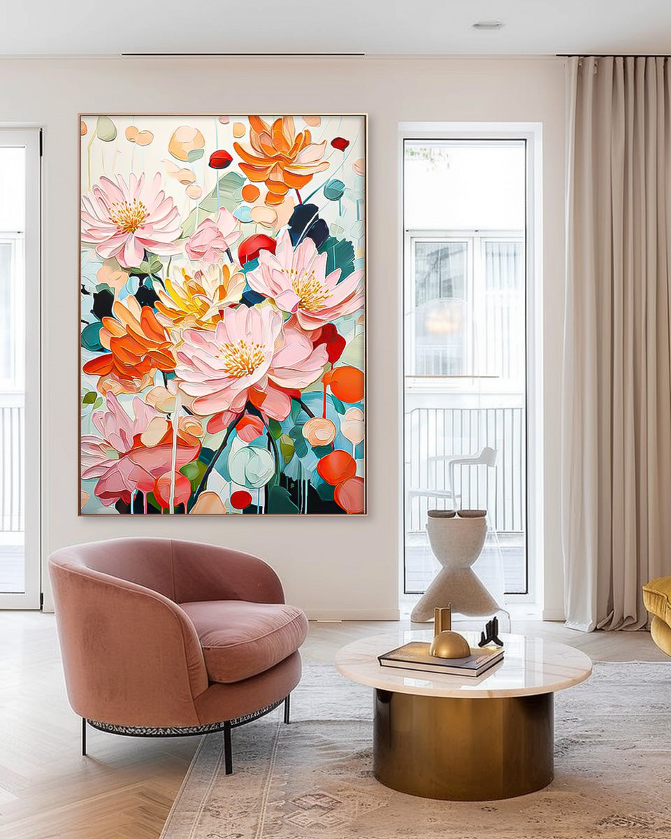 Vibrant Pink Orange Lotus Floral Impasto Canvas Wall Art