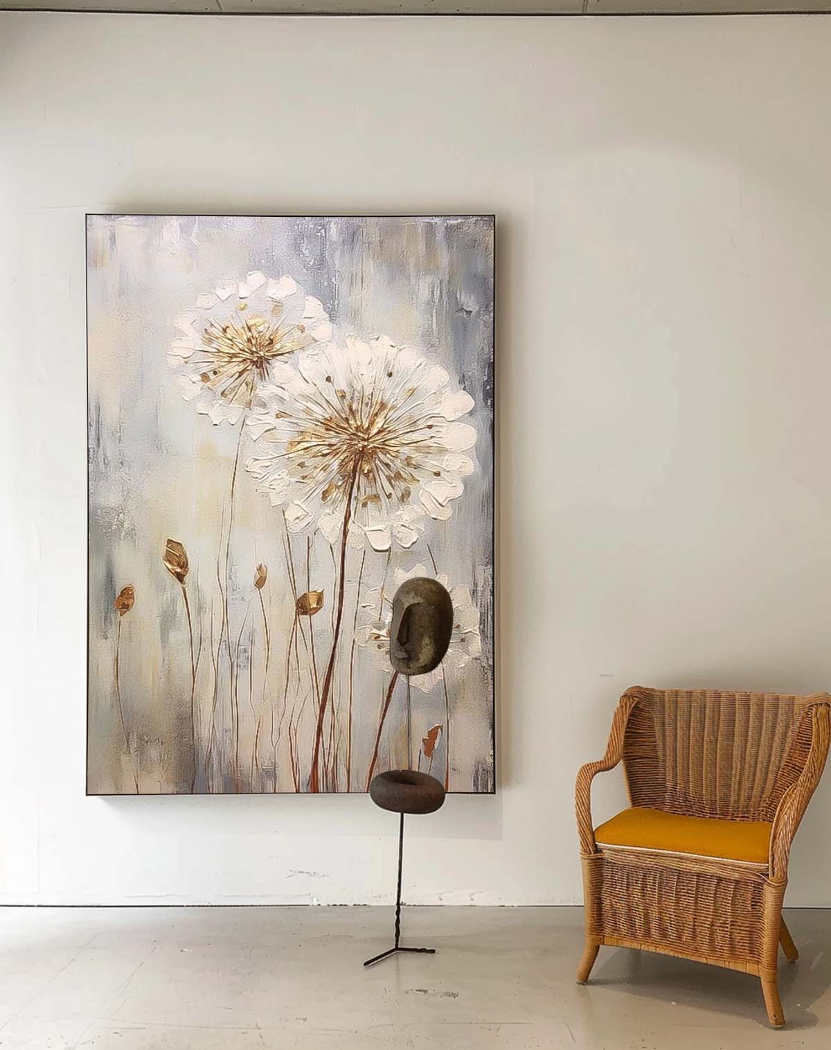 Wall Art Impasto White Golden Dandelion