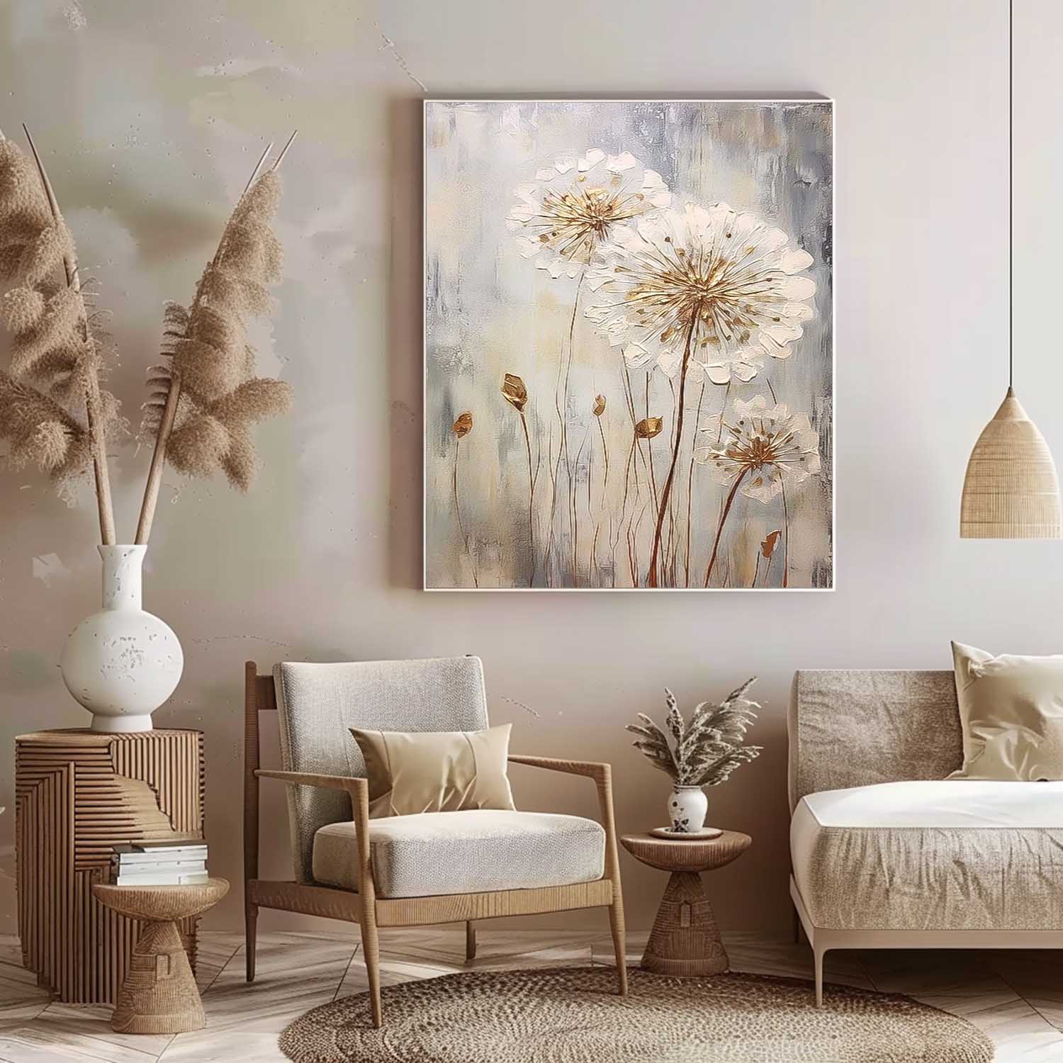 Wall Art Impasto White Golden Dandelion