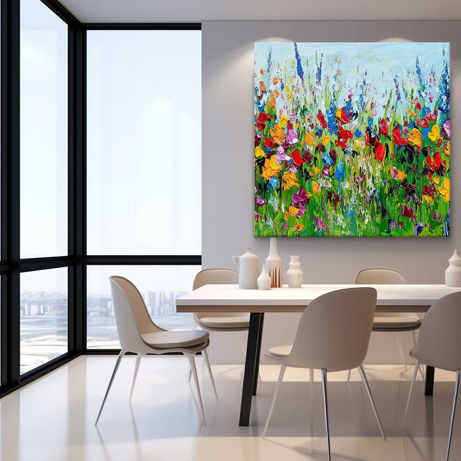 Colorful Wildflower Meadow Impasto Canvas Wall Art