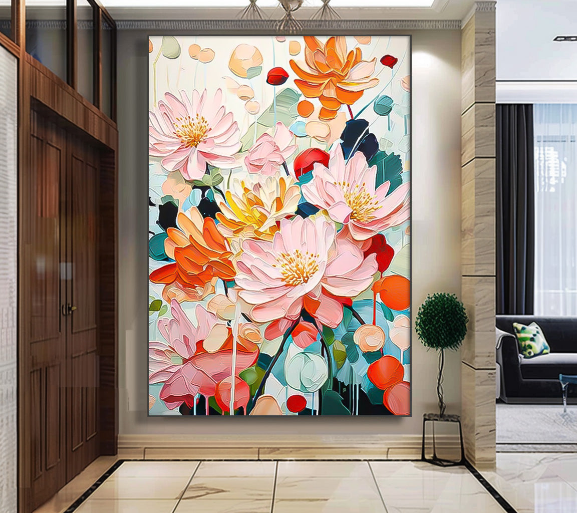 Vibrant Pink Orange Lotus Floral Impasto Canvas Wall Art