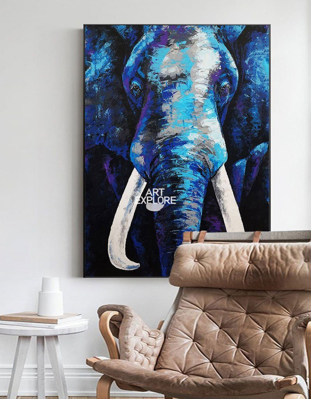 Vertical  Blue Elephant Abstract Painting
