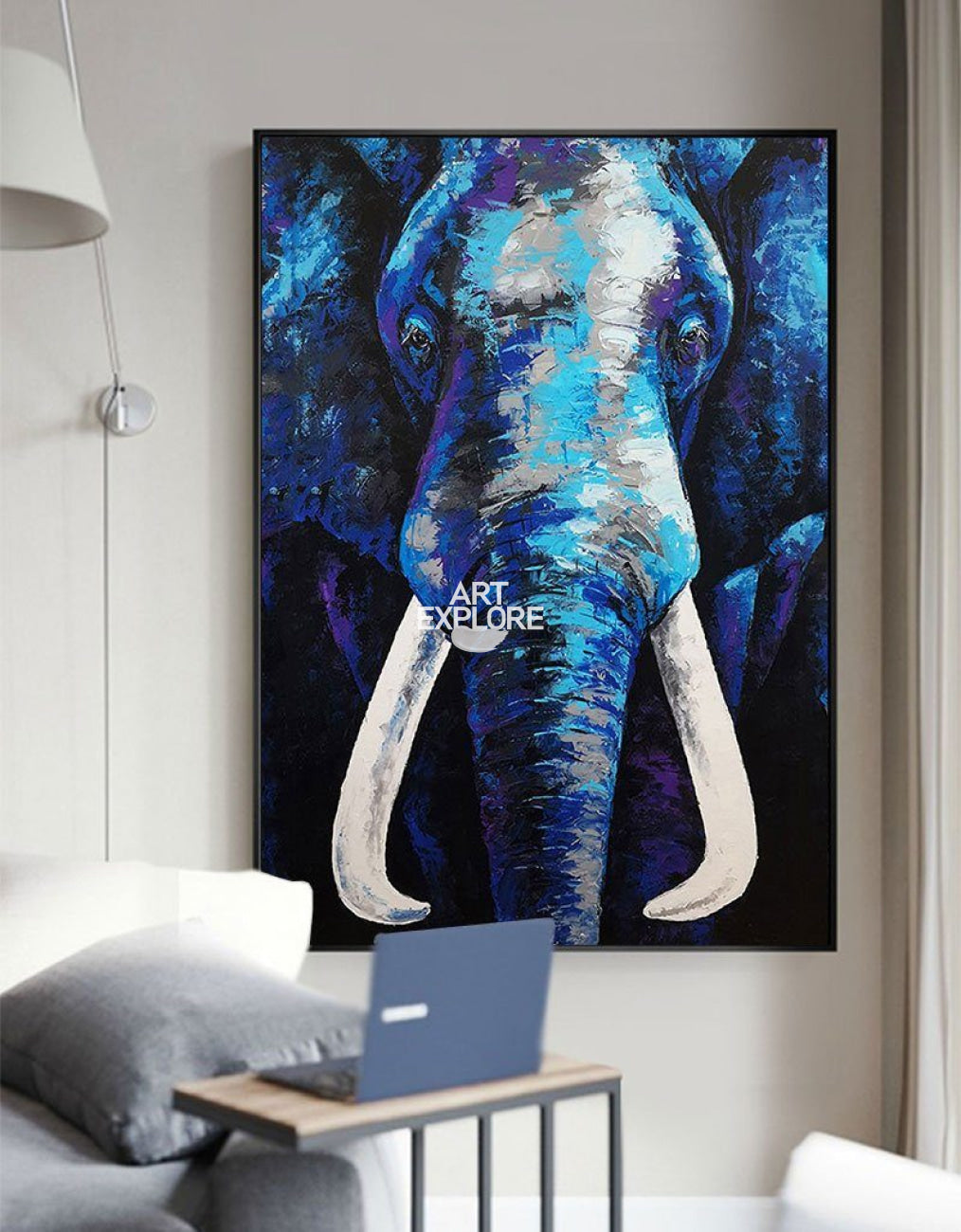 Vertical  Blue Elephant Abstract Painting