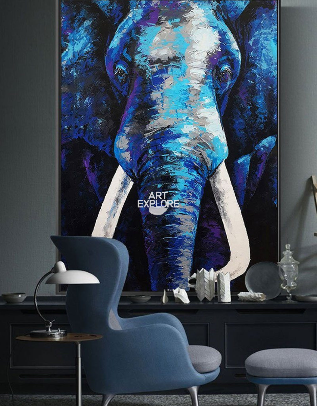 Vertical  Blue Elephant Abstract Painting