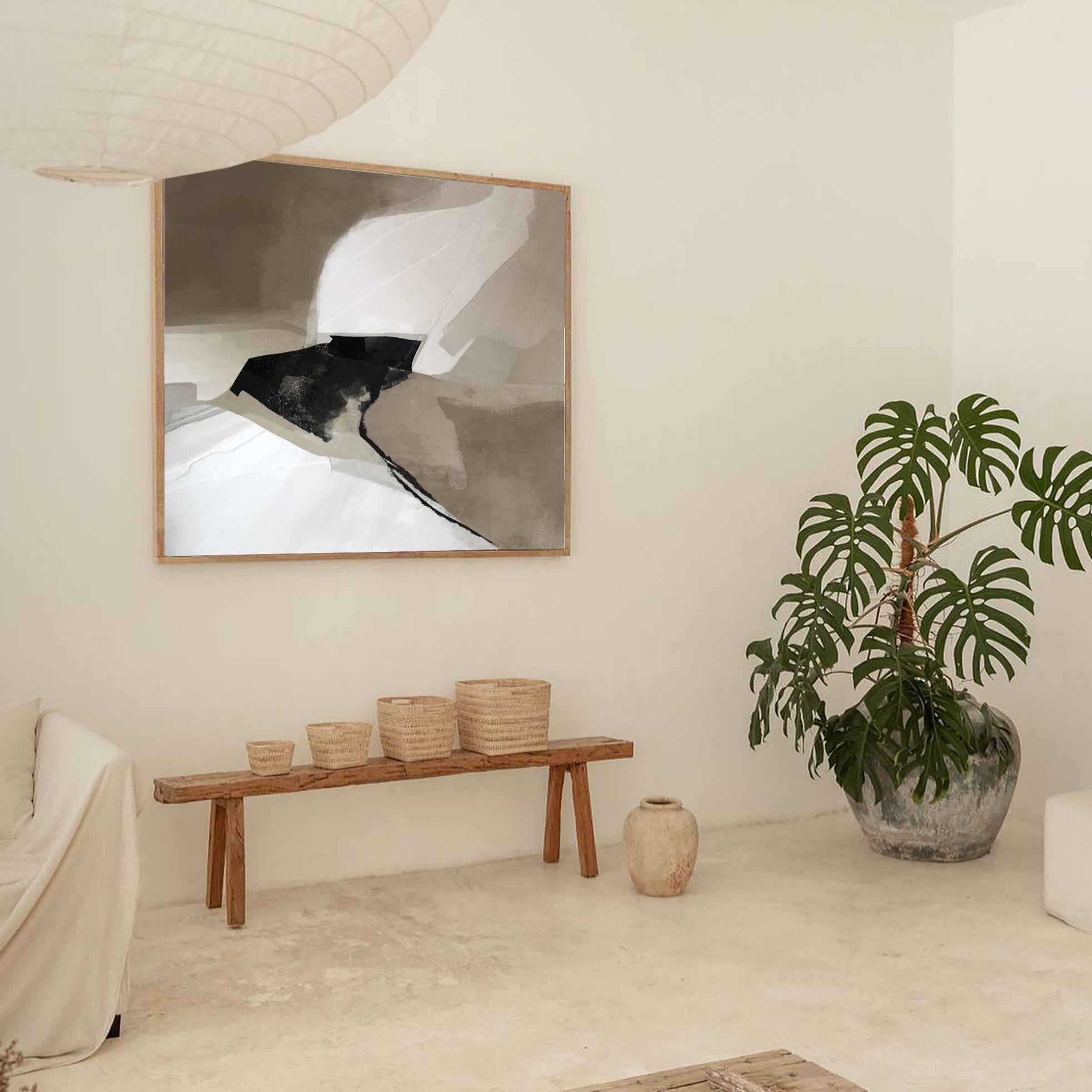 Abstract Black Beige White Flowing Shape Painting