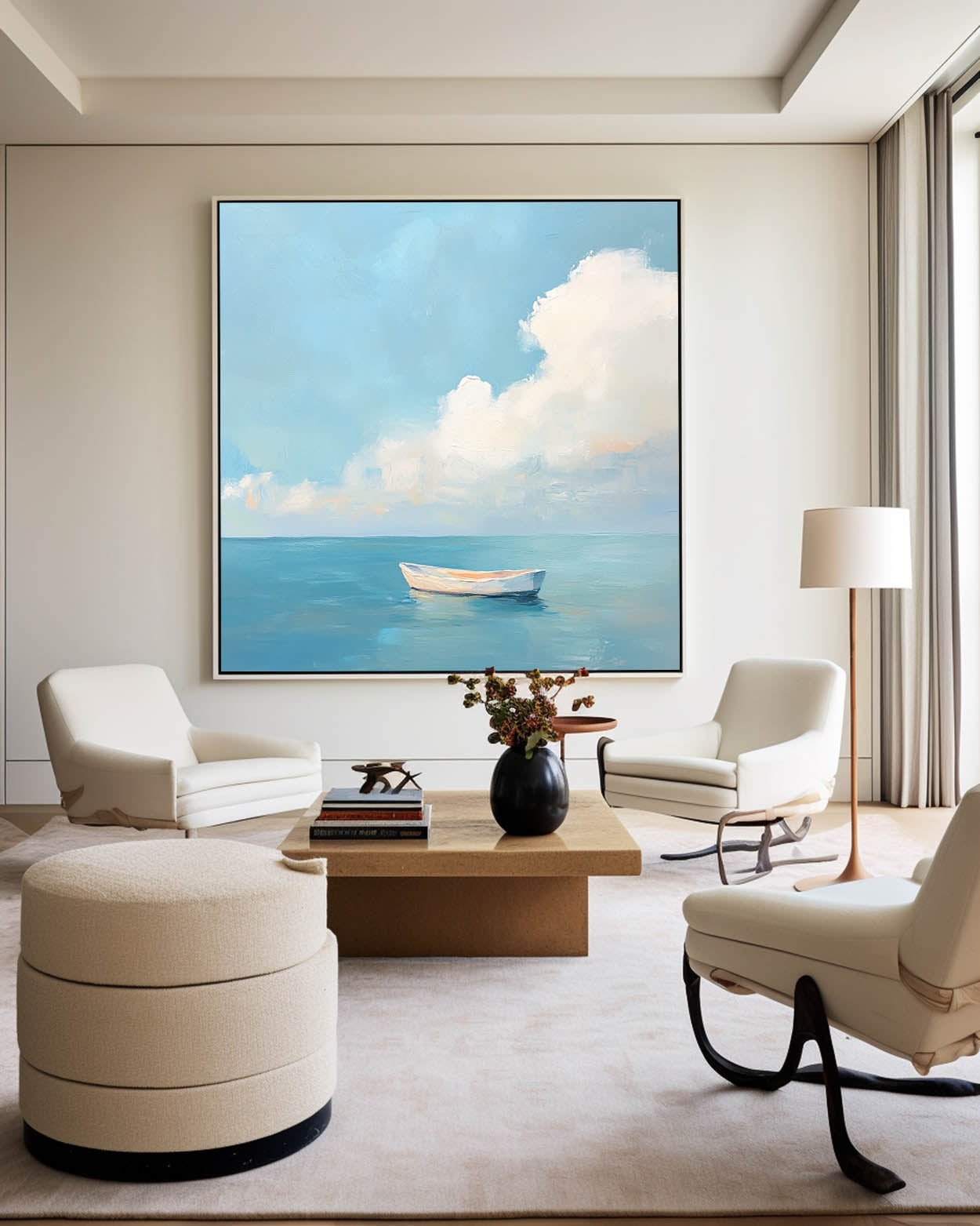 Tranquil Ocean Boat Seascape Soft Cloud Layered Impasto Textured Artwork