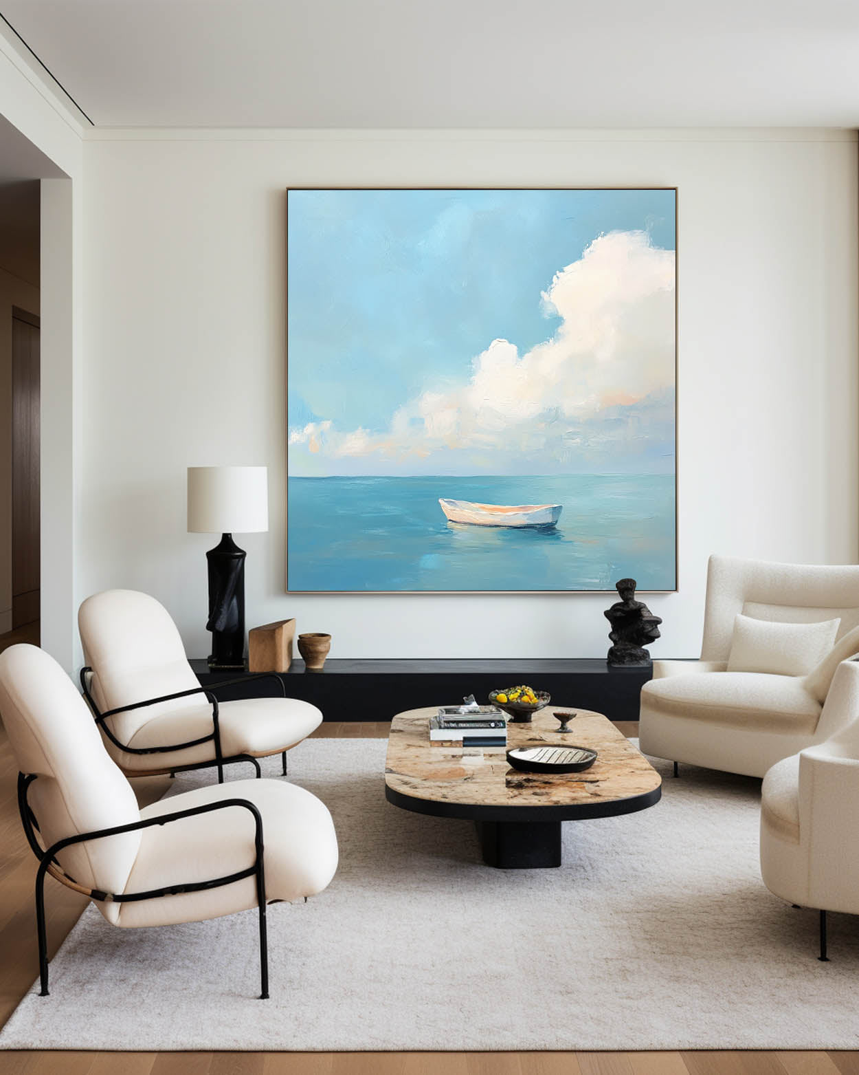 Tranquil Ocean Boat Seascape Soft Cloud Layered Impasto Textured Artwork