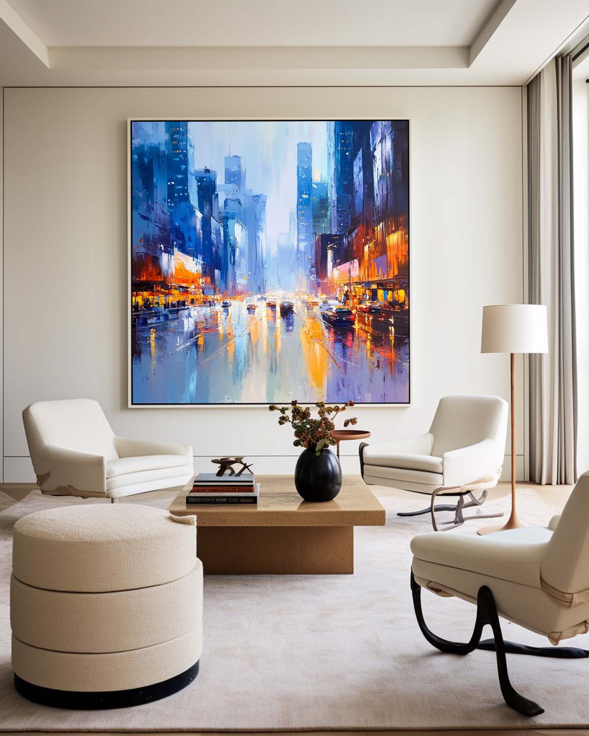 City Night Rain Reflection Oil Painting