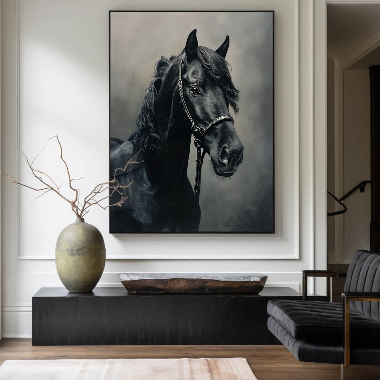 Lifelike Black Horse Portrait Dark‑Tone Realistic Detailed Textured Artwork