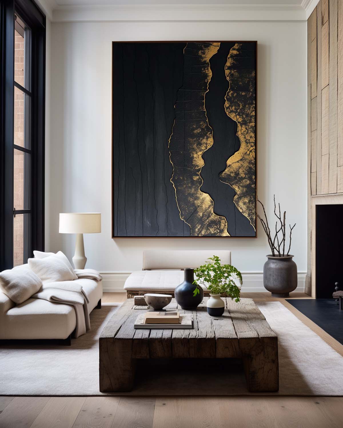 Elegant Black‑Gold Streak Abstract  Metallic‑Foil Layered Impasto Textured Artwork