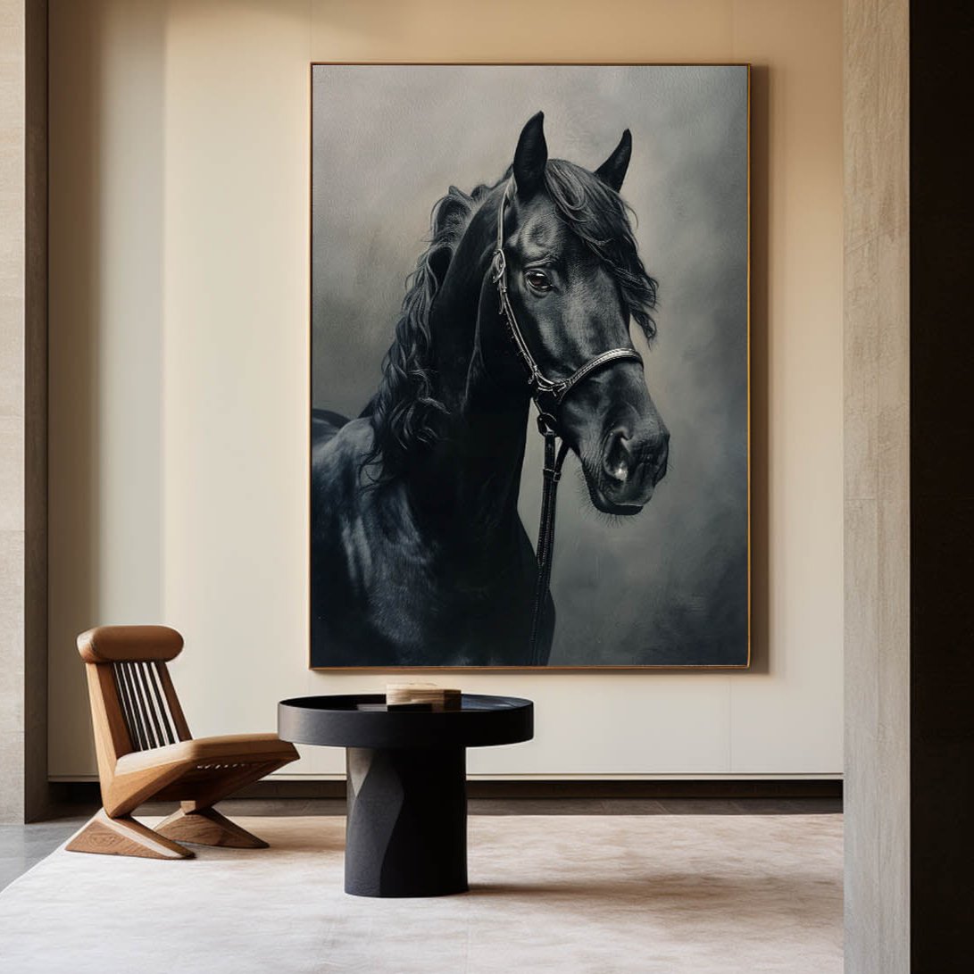 Lifelike Black Horse Portrait Dark‑Tone Realistic Detailed Textured Artwork