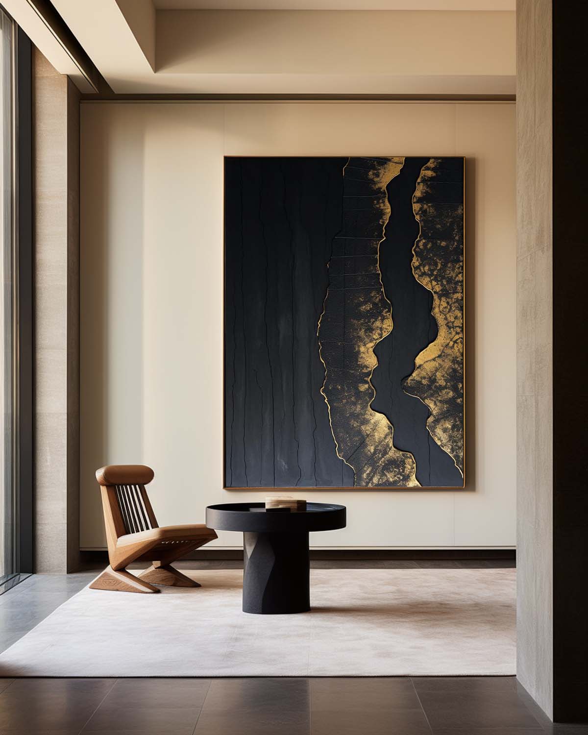 Elegant Black‑Gold Streak Abstract  Metallic‑Foil Layered Impasto Textured Artwork