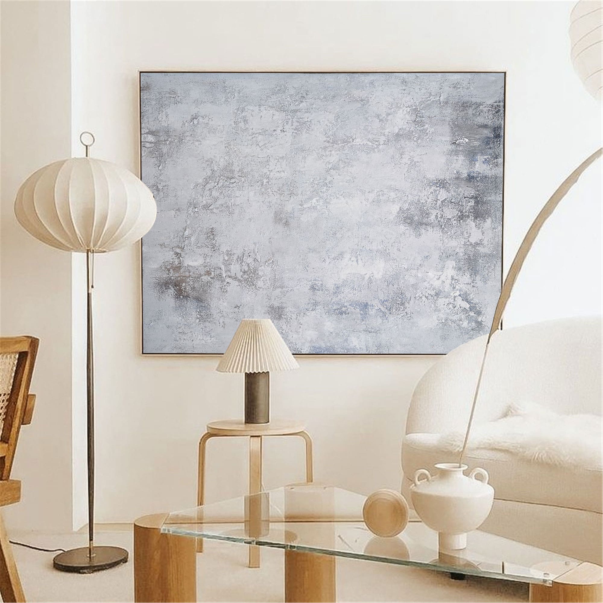 Grey‑Silver‑White Horizontal Abstract  Faded Layered‑Tone Texture Artwork