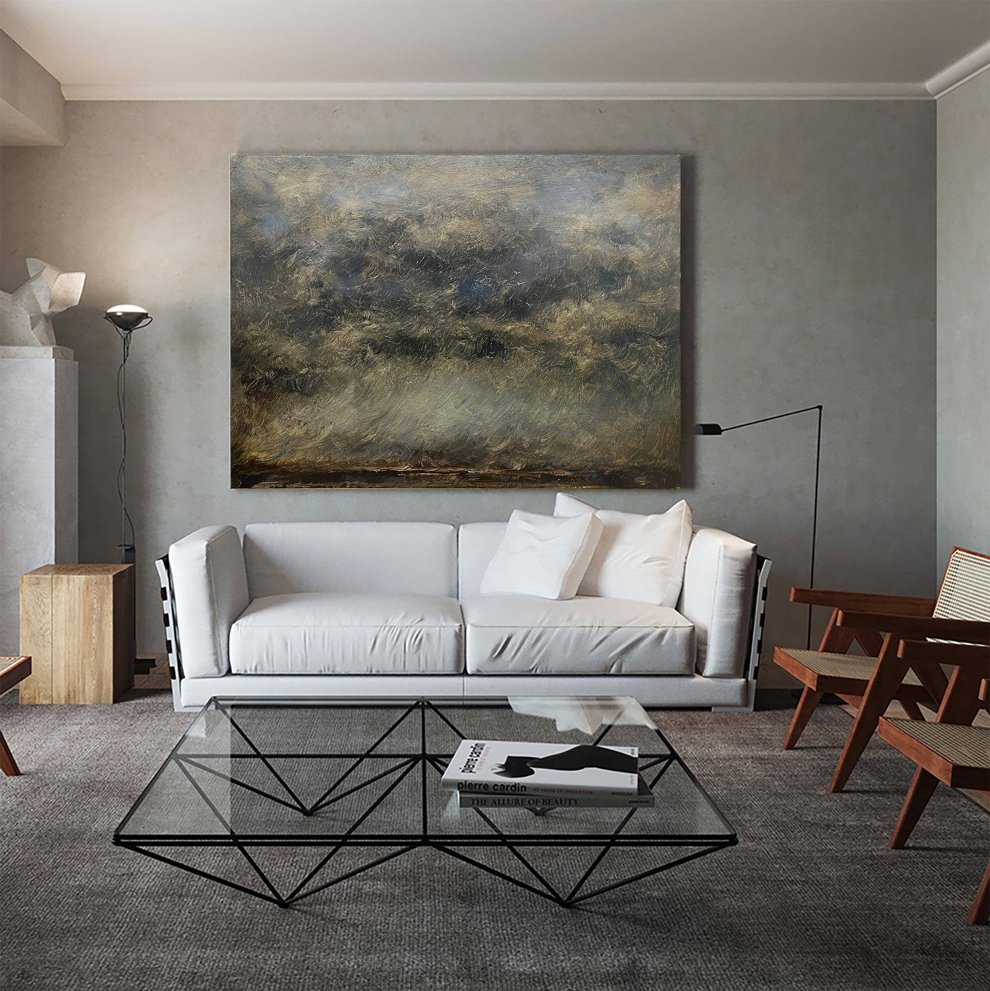 Abstract Misty Sage Green Landscape Oil Acrylic Linen Canvas Painting