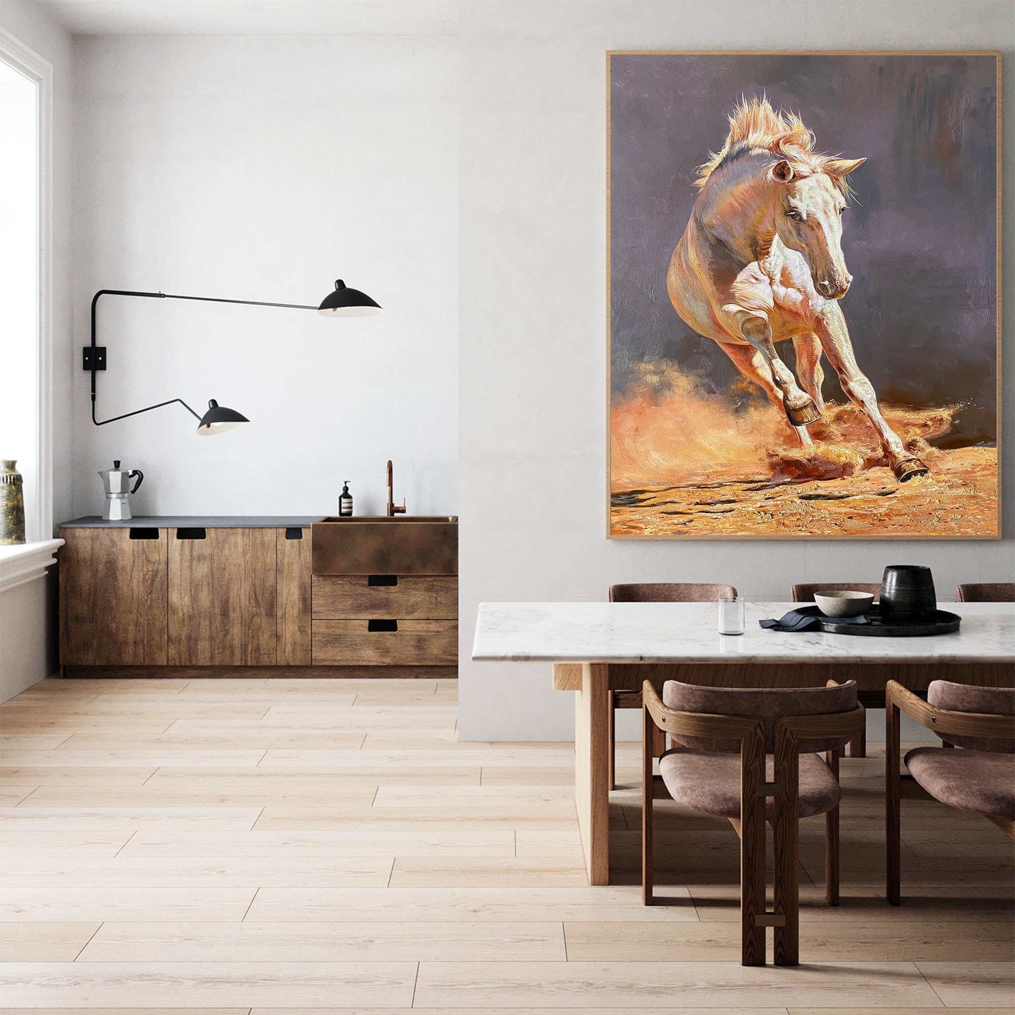 Orange‑Grey Vertical Galloping‑Horse Textured‑Brush Artwork