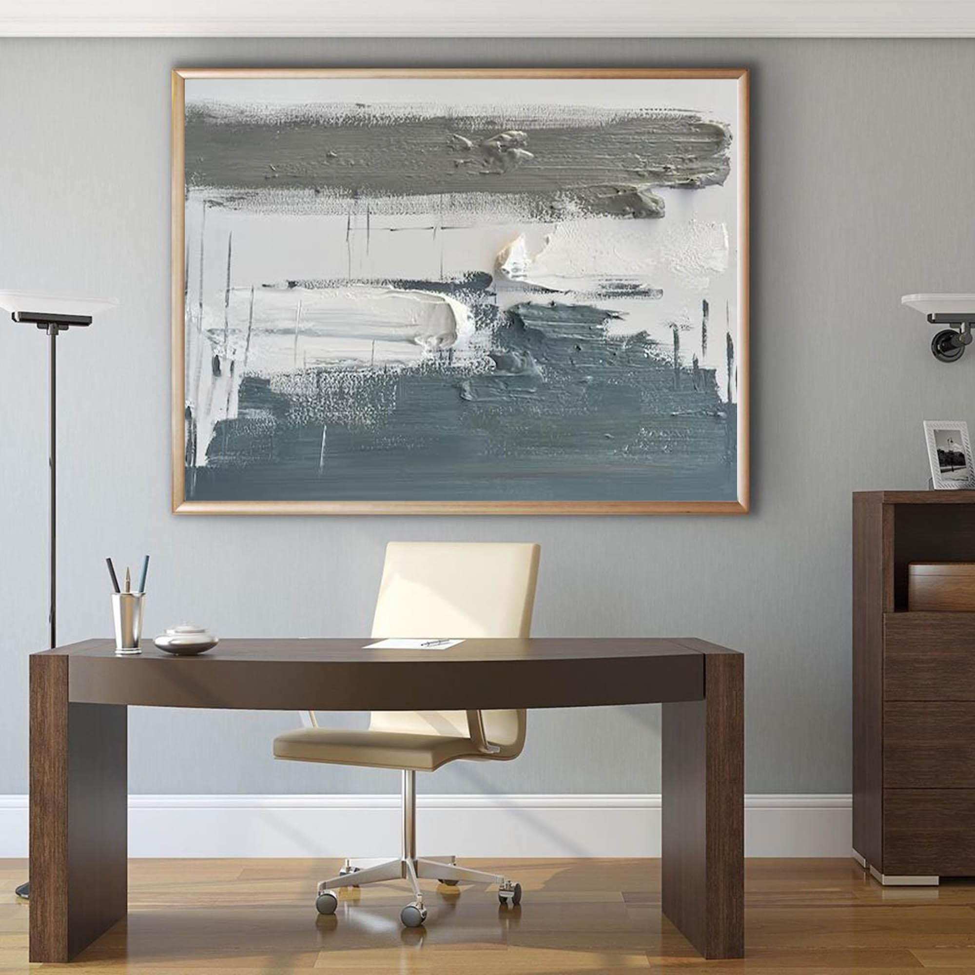 Slate‑Grey‑White Horizontal Layer‑Brush Impasto‑Textured Artwork