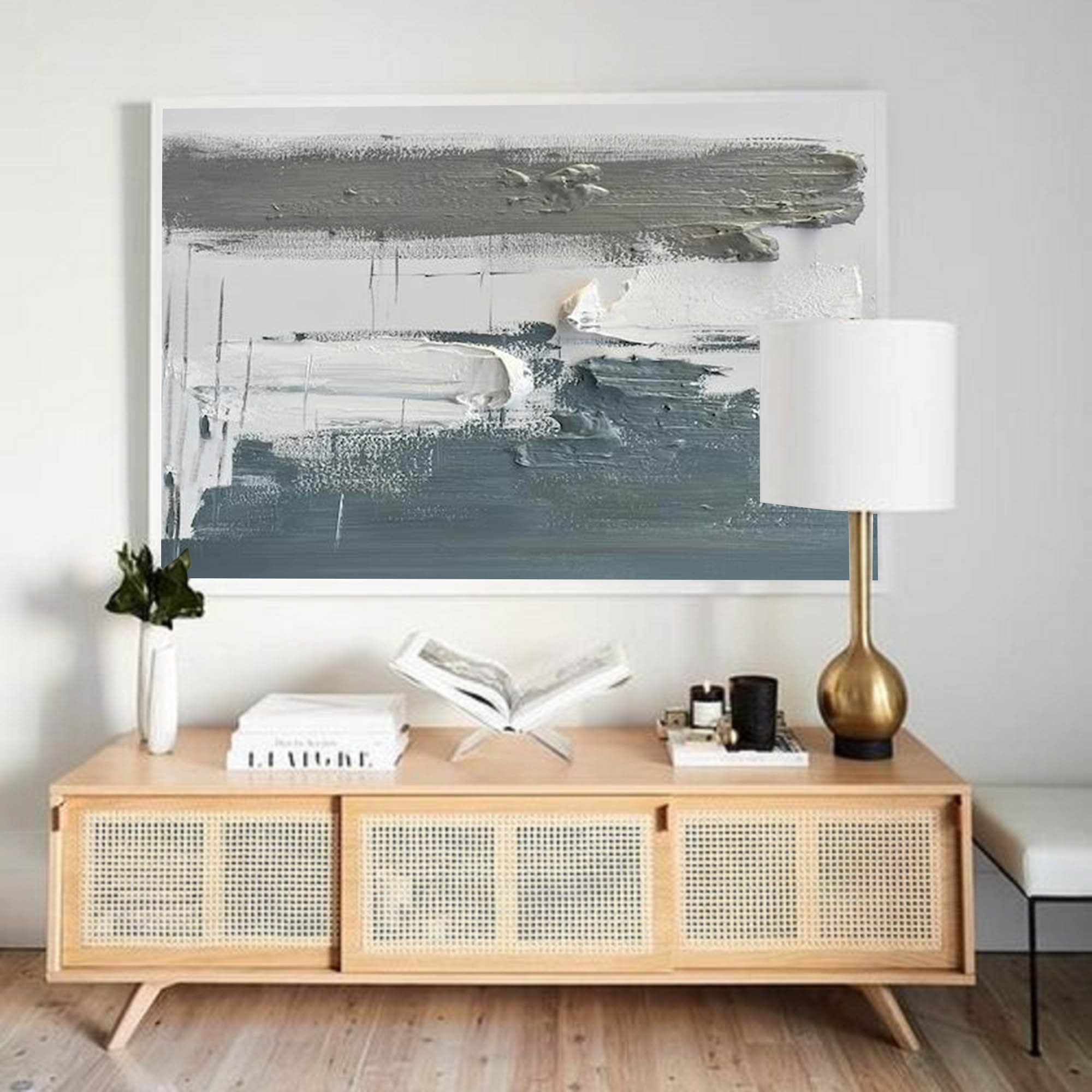Slate‑Grey‑White Horizontal Layer‑Brush Impasto‑Textured Artwork