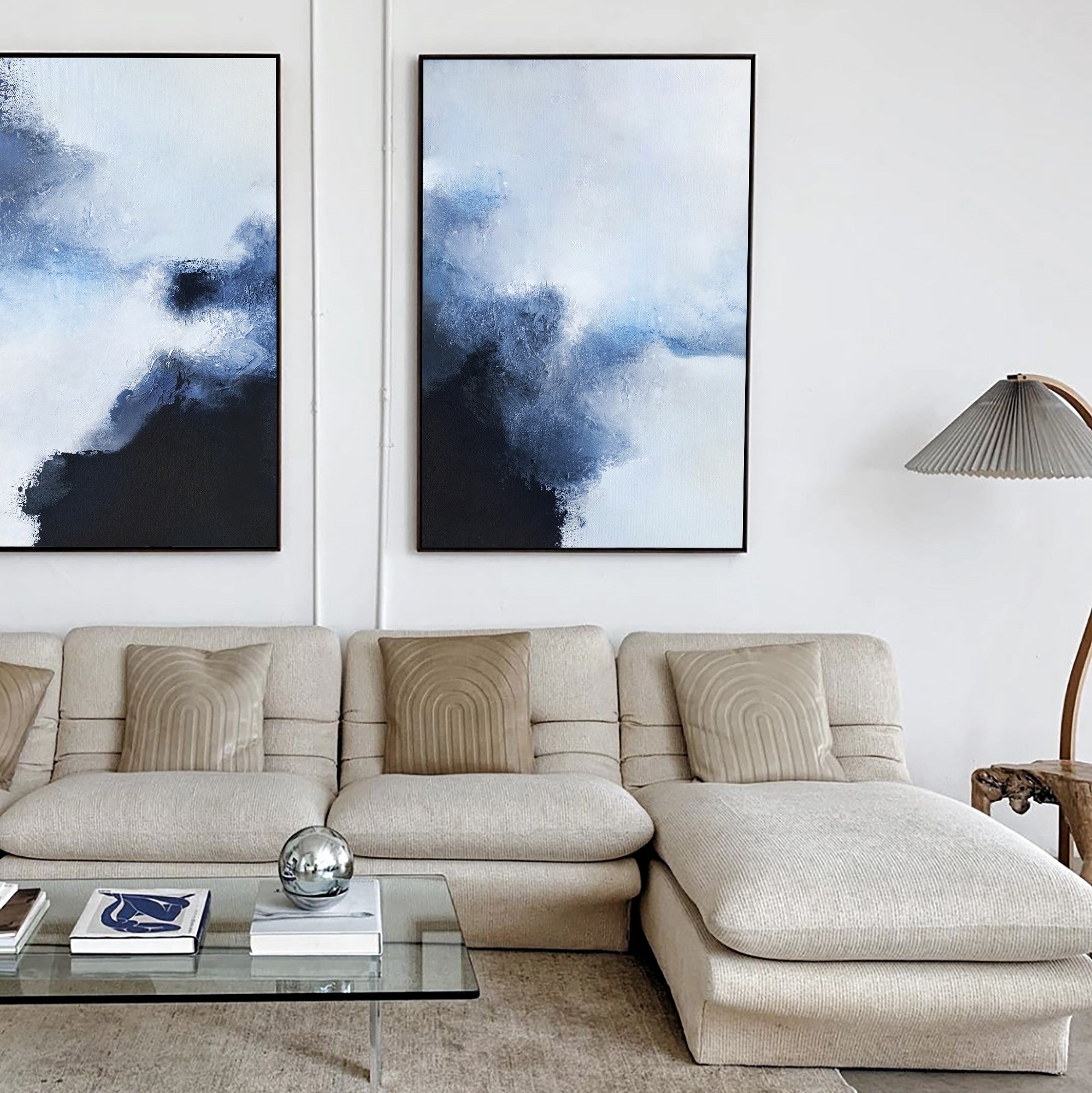 Navy‑Blue‑White Vertical Minimalist Diptych Abstract Textured Artwork