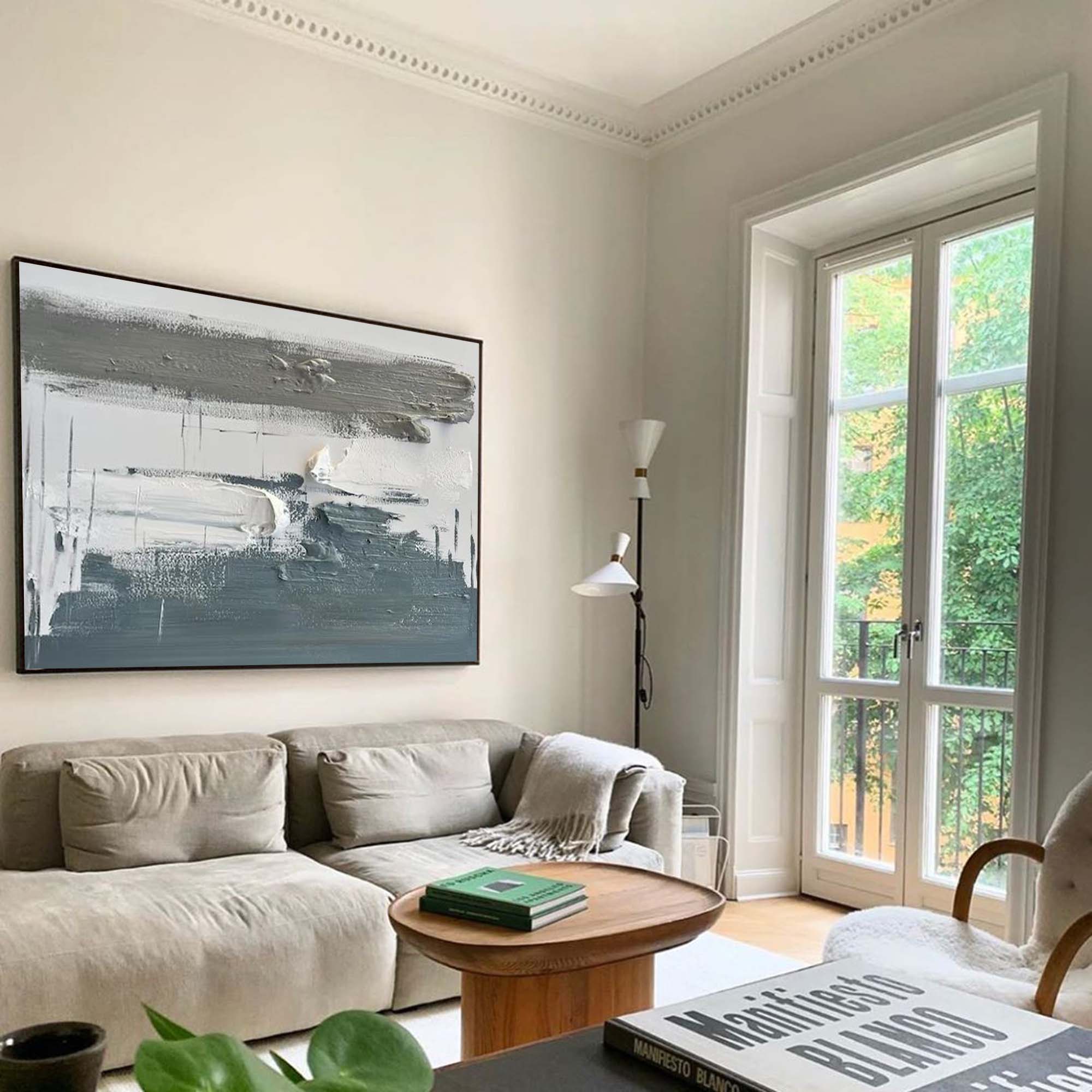 Slate‑Grey‑White Horizontal Layer‑Brush Impasto‑Textured Artwork