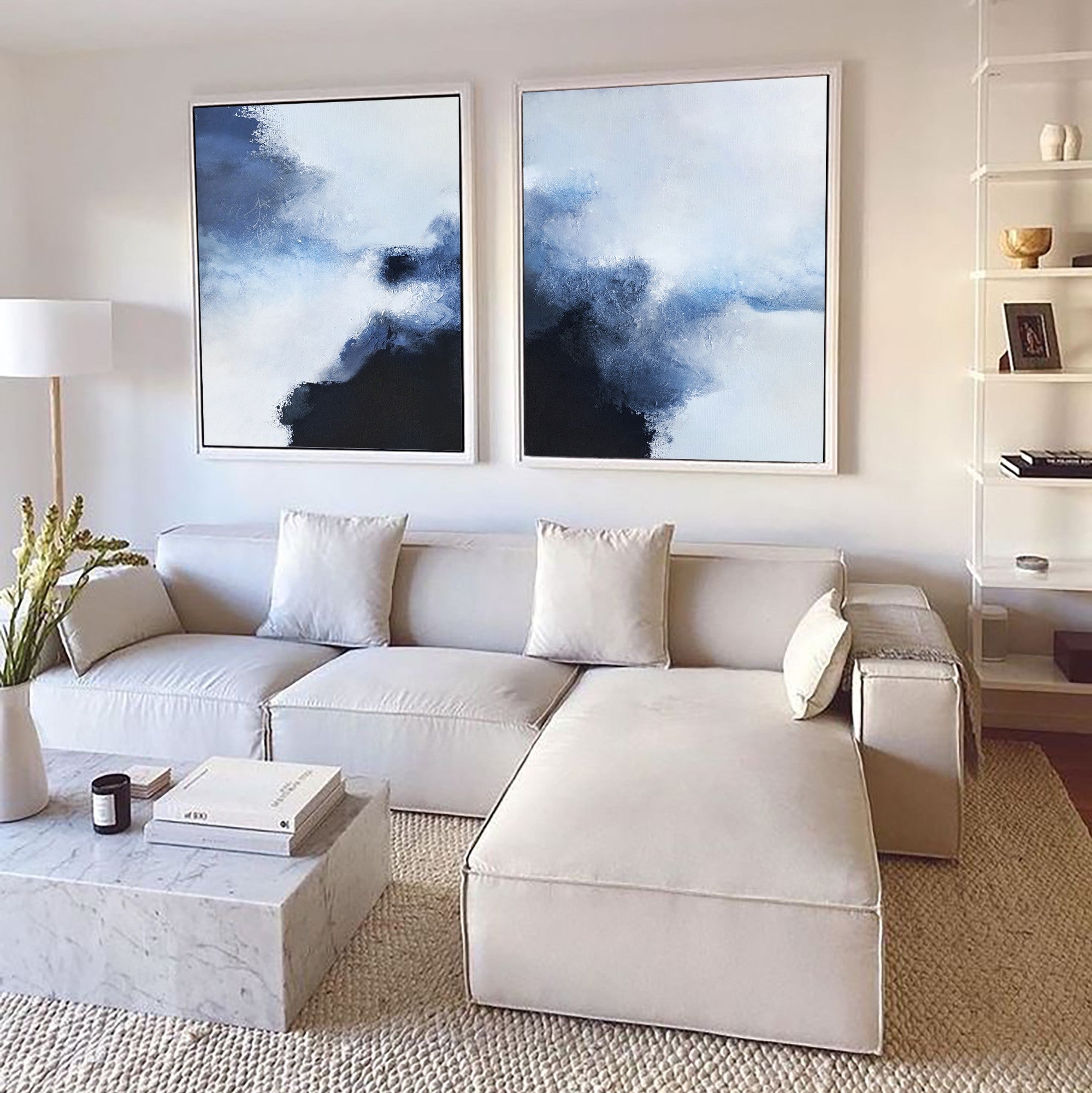 Navy‑Blue‑White Vertical Minimalist Diptych Abstract Textured Artwork
