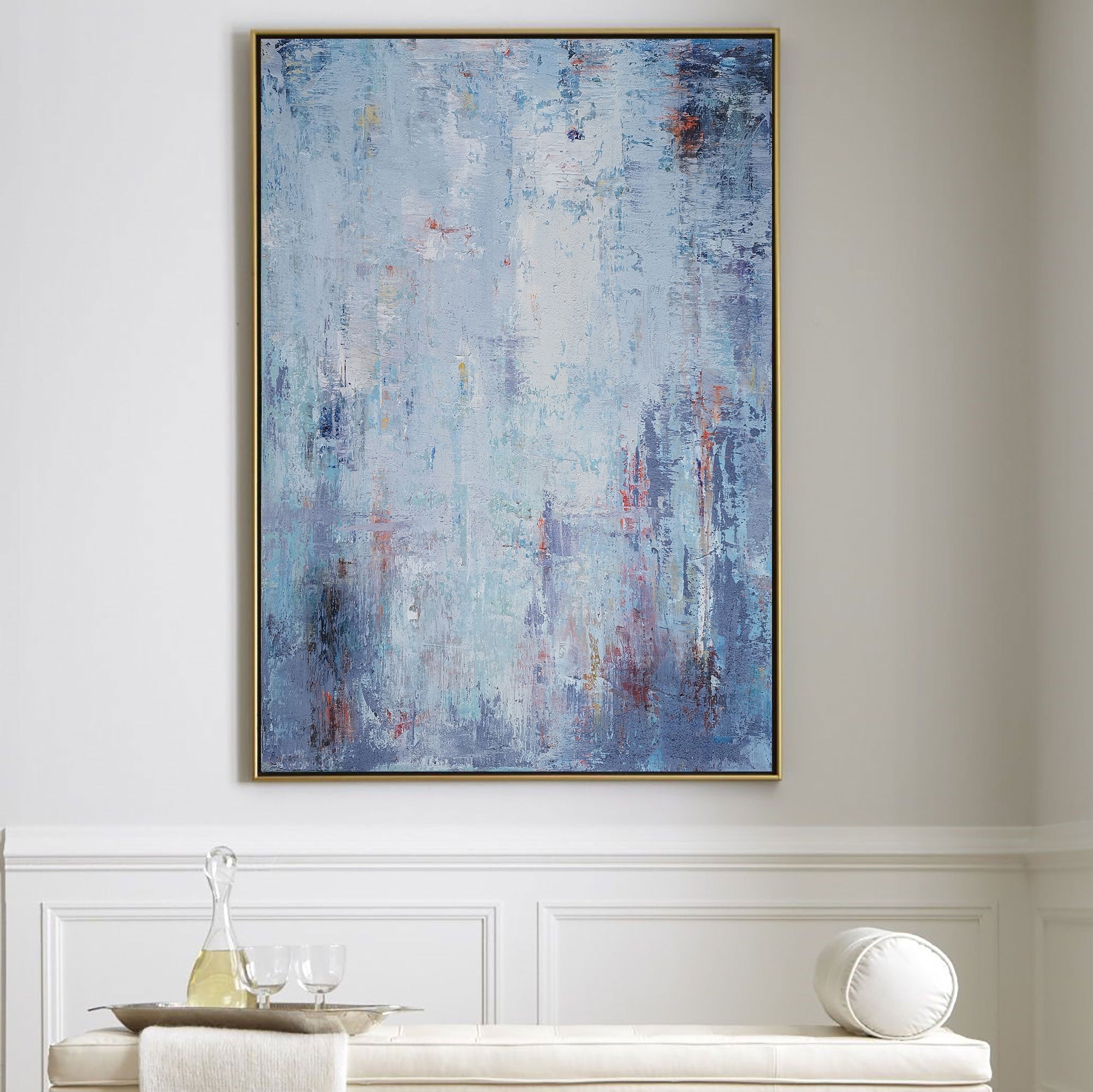 Blue‑White‑Red Vertical Abstract  Rough Distressed‑Layer Texture Artwork