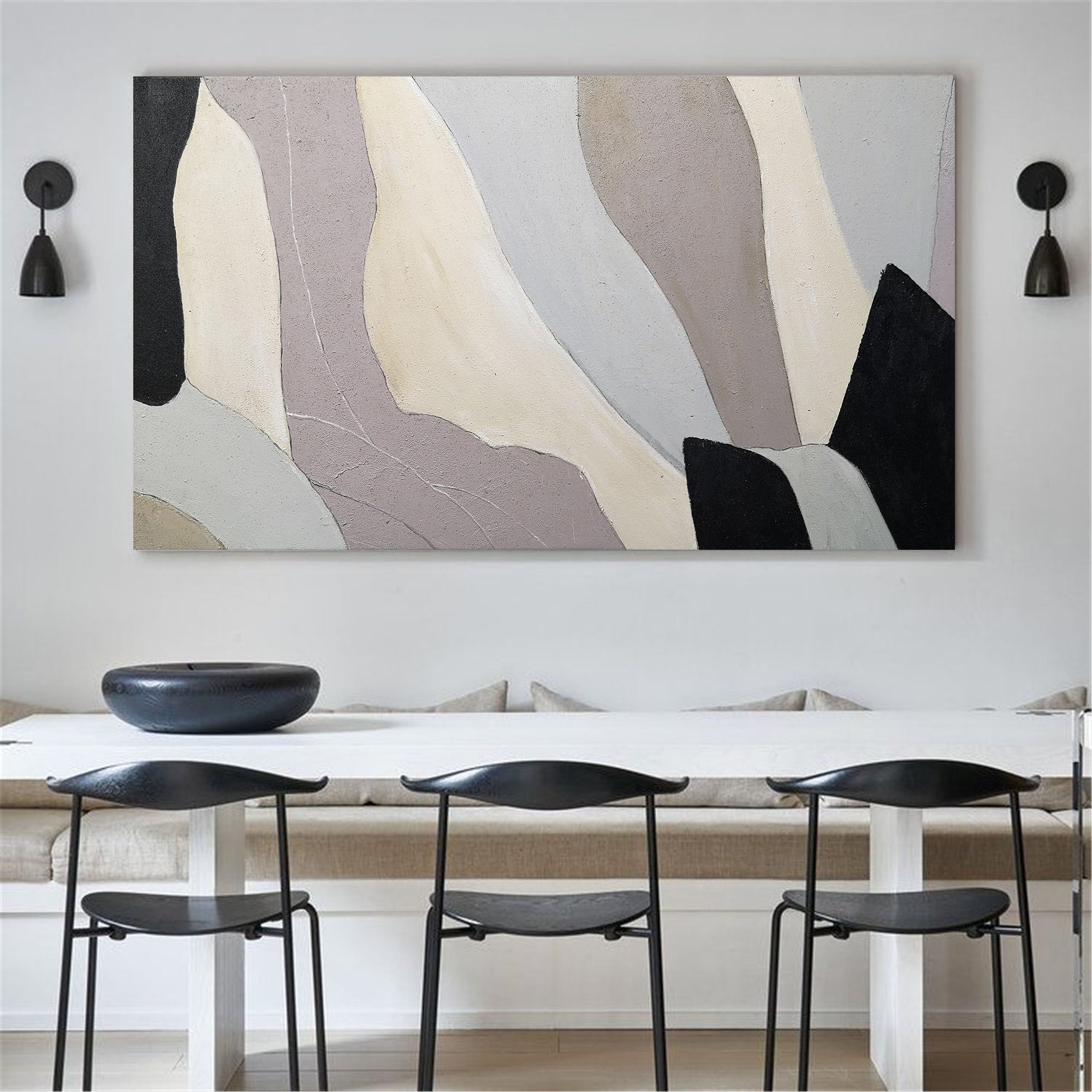 Beige‑Grey‑Black Horizontal Geometric Layered Block‑Shape Matte‑Surface Artwork
