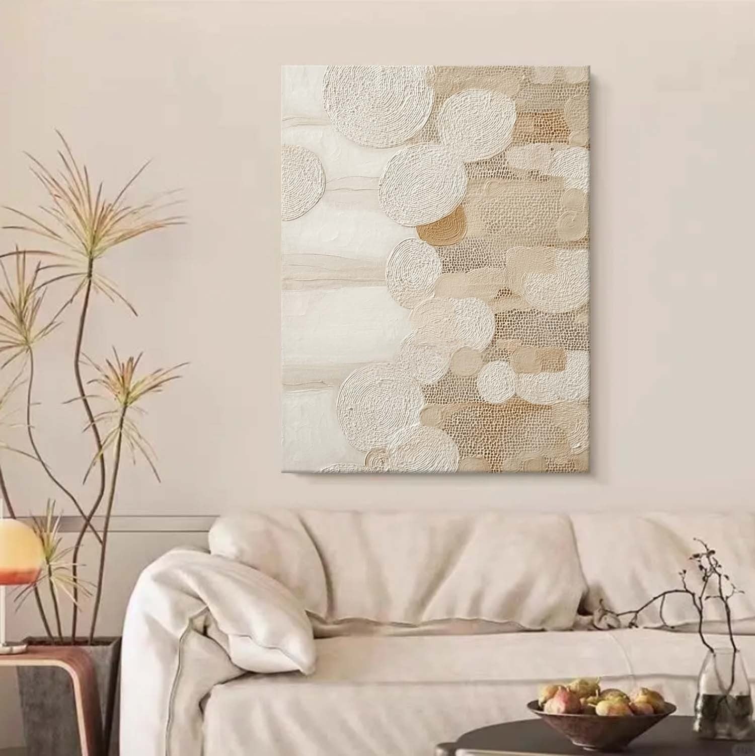Taupe Cream Bubble Circle Textured Canvas Art