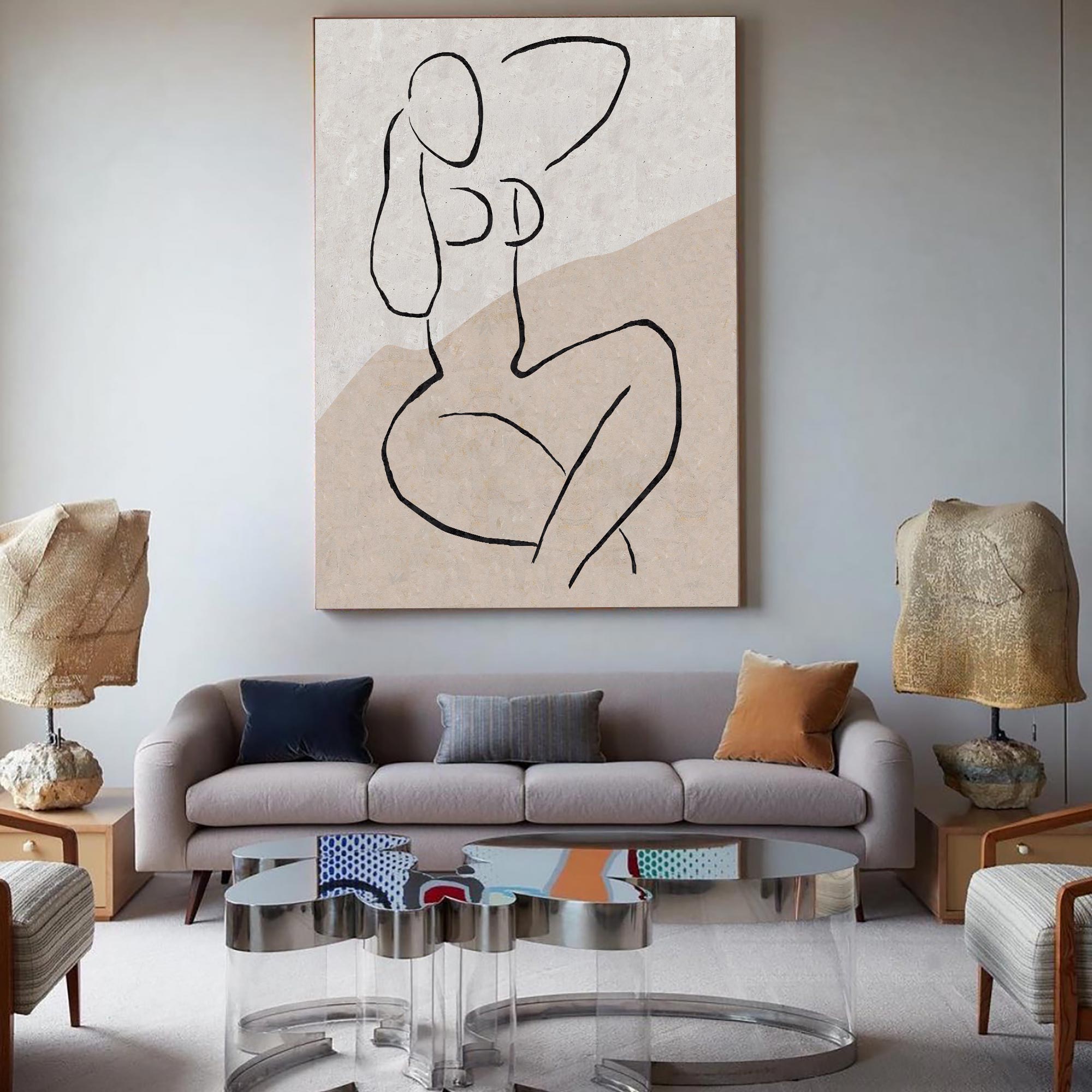 Minimalist Beige Black Line Art Figure Painting
