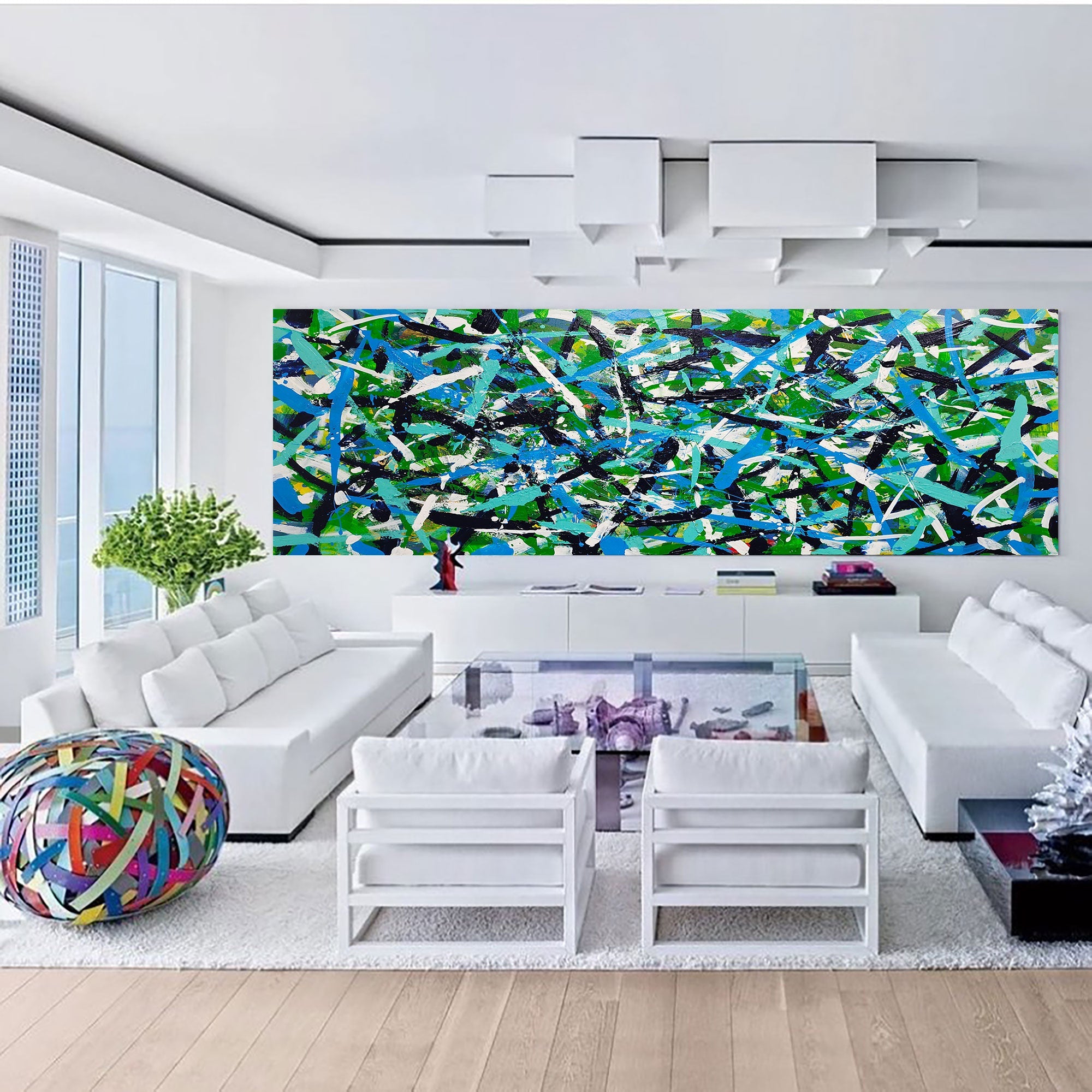 Abstract Expressionist Green Blue Teal Black Acrylic on Canvas Painting