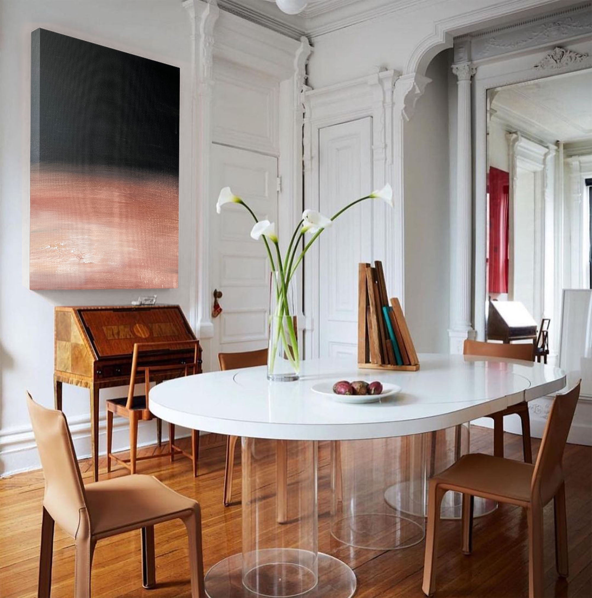 Modern Black Rose Gold Abstract Linen Art