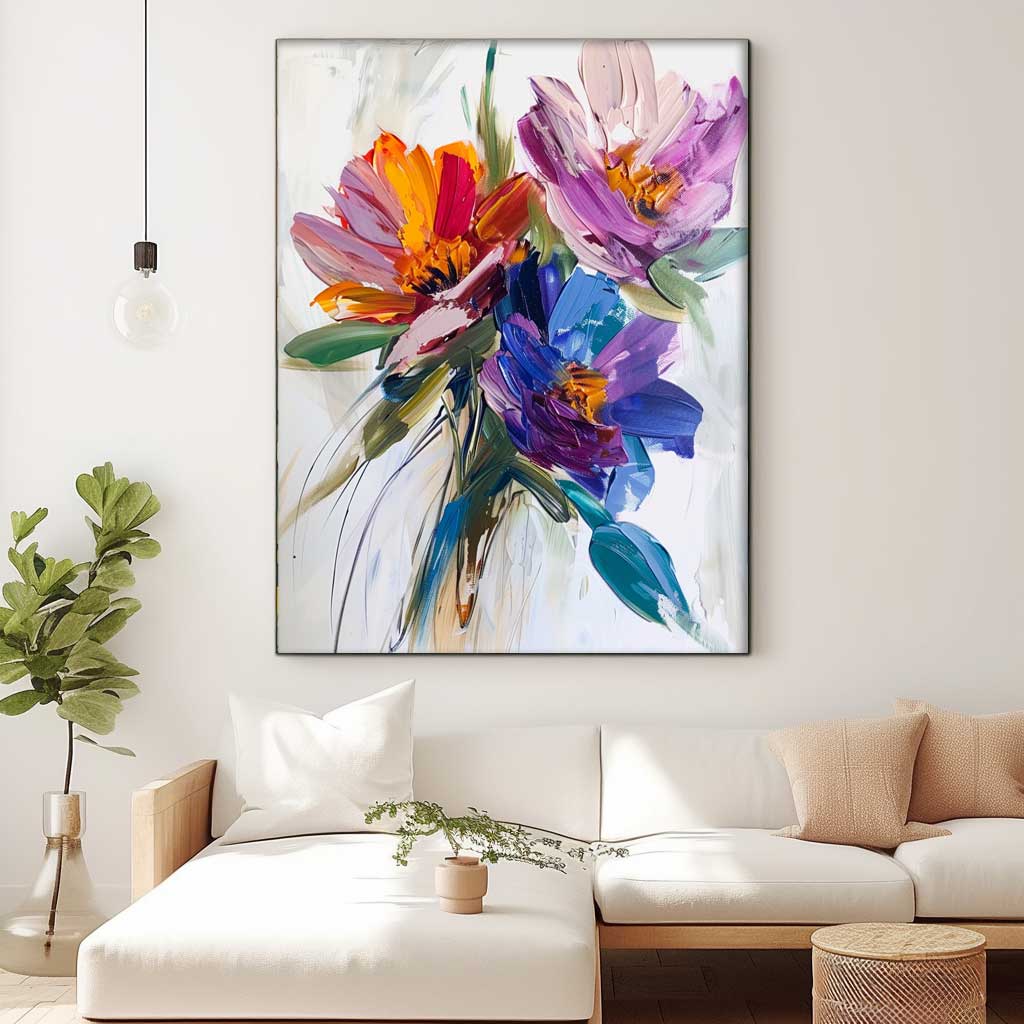 Vibrant Multicolor Floral Bouquet Impasto Canvas Wall Art