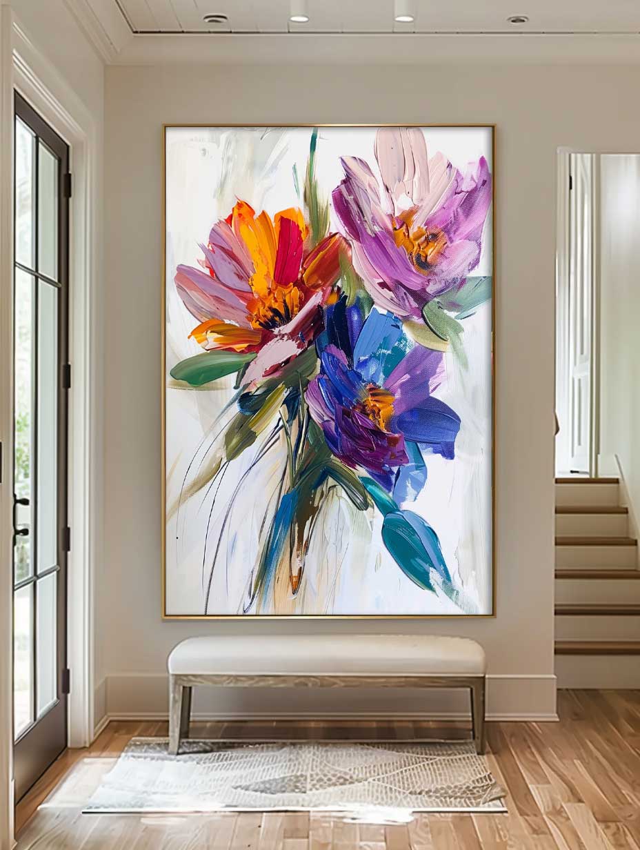 Vibrant Multicolor Floral Bouquet Impasto Canvas Wall Art