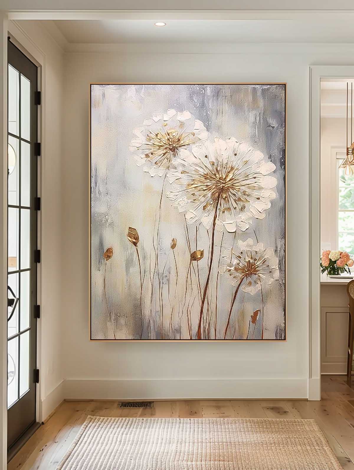 Wall Art Impasto White Golden Dandelion