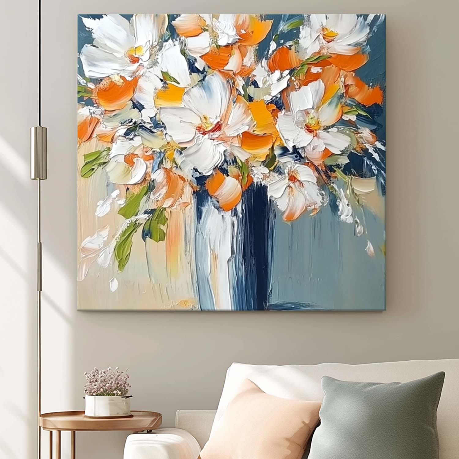 Vibrant Orange White Floral Bouquet Oil Painting
