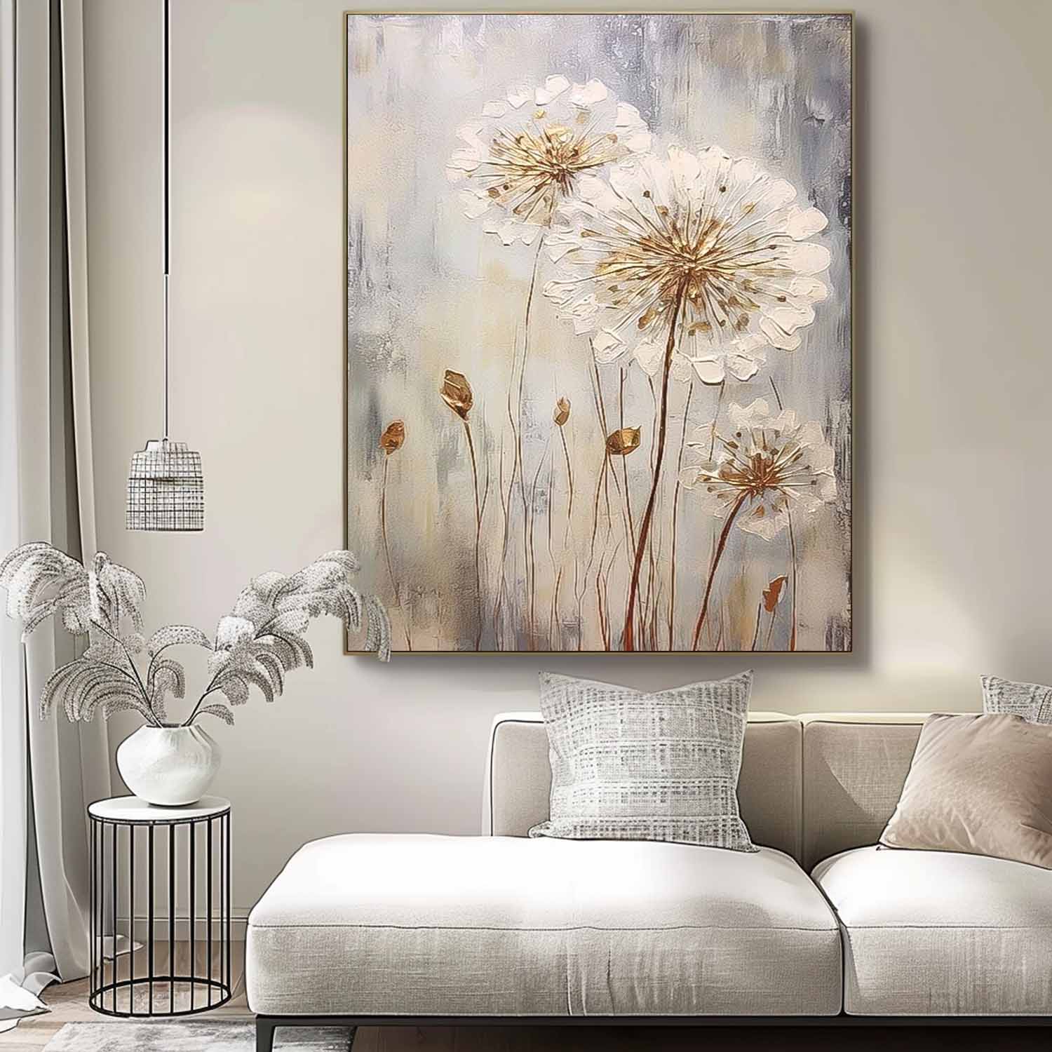 Wall Art Impasto White Golden Dandelion