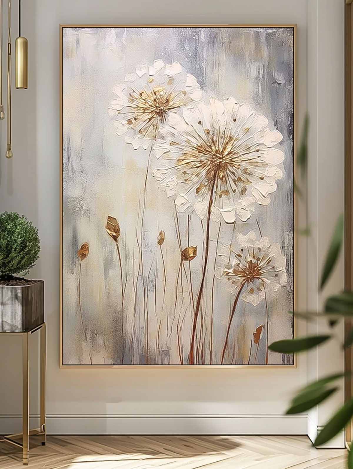 Wall Art Impasto White Golden Dandelion