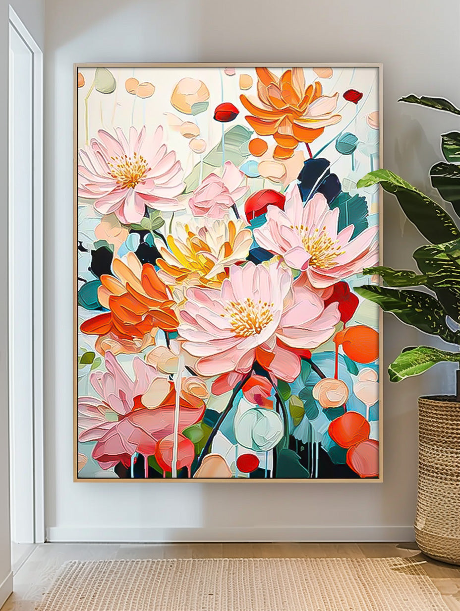 Vibrant Pink Orange Lotus Floral Impasto Canvas Wall Art